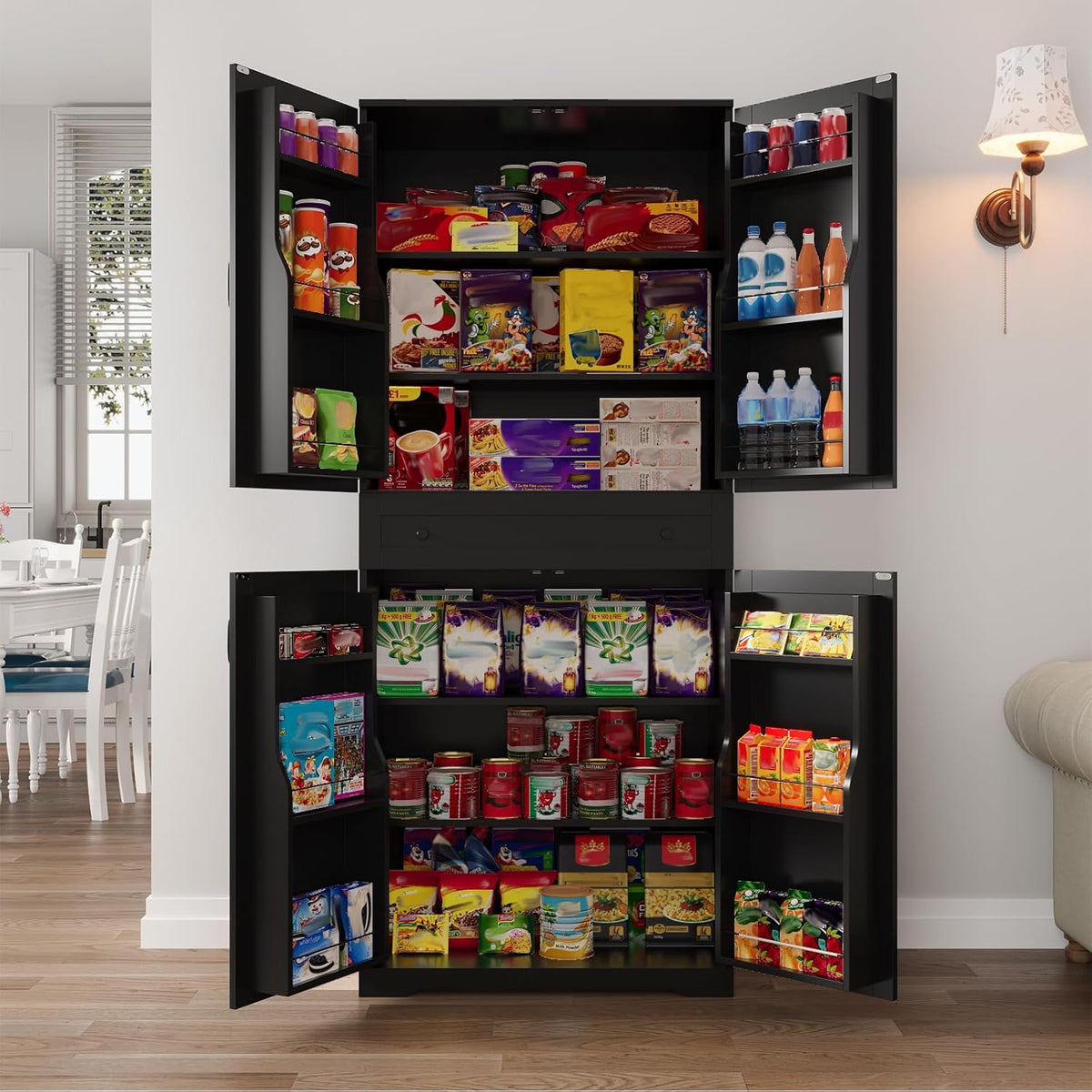 VOWNER Küchenschrank 76 x 40 x 183 cm - 12 Türregale mit verstellbaren Ablagen und Schubladen - Schwarz aus Holz - Hochschrank für Küche Esszimmer Kaffee Bar