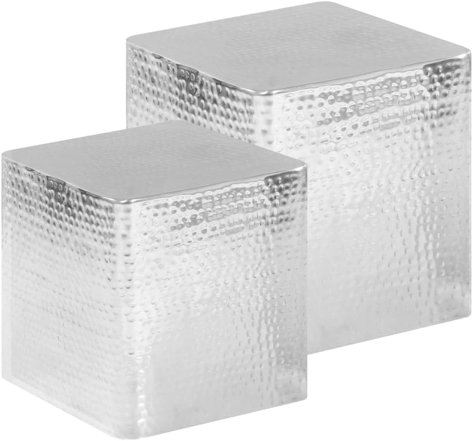Couchtisch Set aus Aluminium - 2 Tische mit 40 cm und 30 cm Größe - Silber mit gehämmerter Oberfläche - Modern für Wohnzimmer Schlafzimmer und Flur