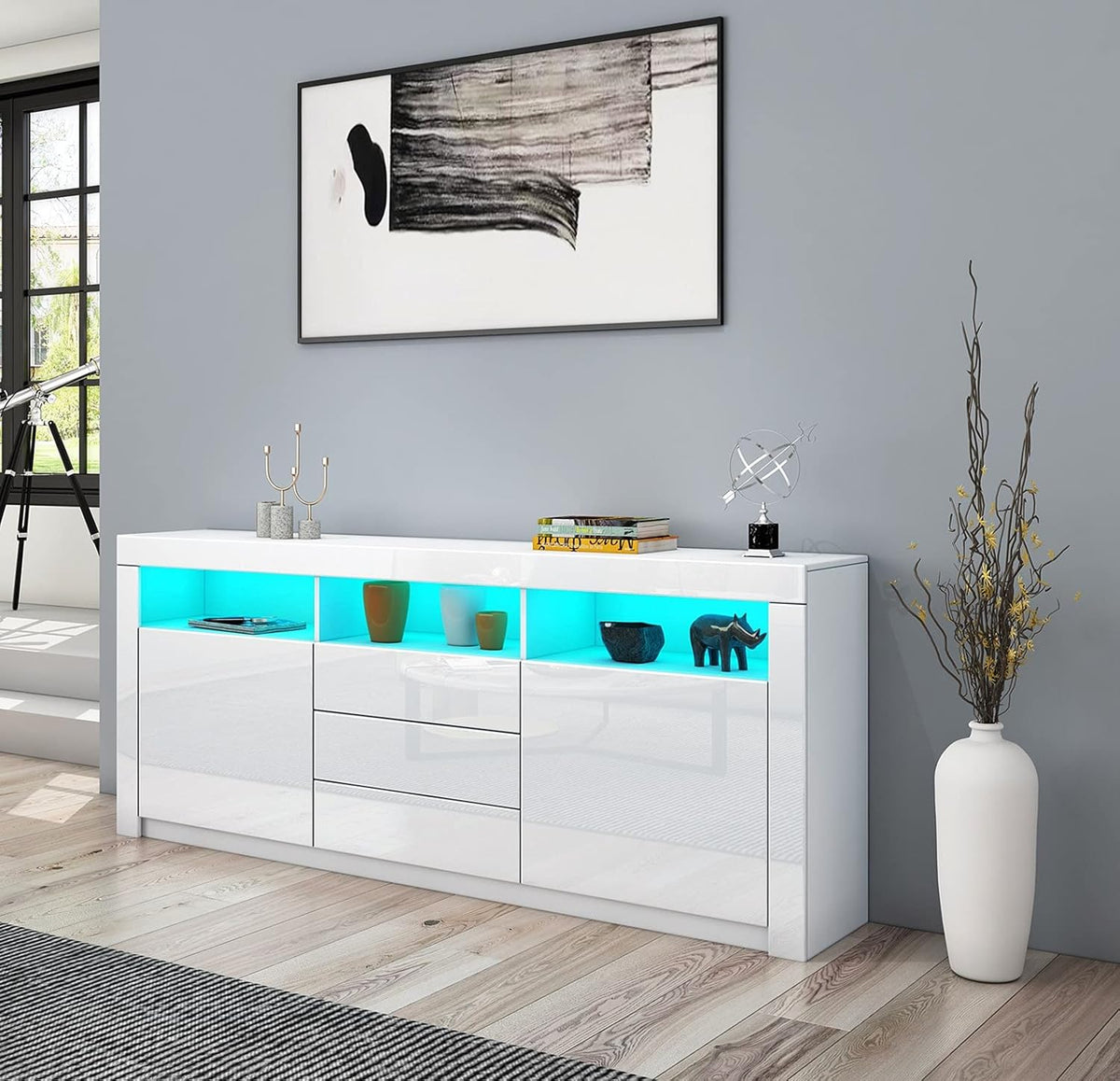 Sideboard mit LED Beleuchtung - Weiß mit Hochglanzfront 2 Türen und 3 Schubladen - 72 x 35 x 72 cm aus Holzwerkstoff - Kompakte Anrichte für Wohnzimmer und Esszimmer