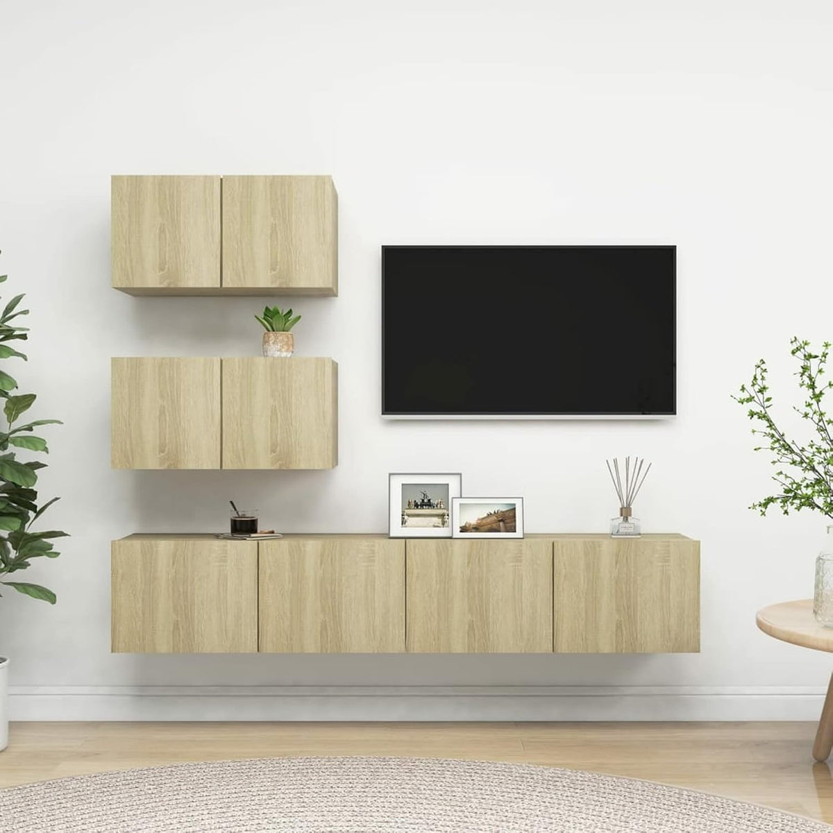Leepesx TV Schrank Set 4 teilig - Sonoma Eiche aus Spanplatte - Wohnwand und Schrankwand für Medien und Stauraum - Modernes TV Möbel Set ohne Montage