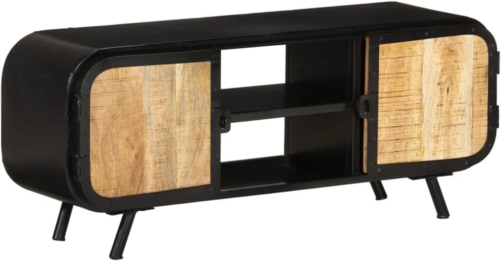 TV Schrank aus rauem Mangoholz - 2 Türen und Fachböden - 110 cm Lowboard und HiFi Schrank für Wohnzimmer - Braun 110 x 45 x 30 cm