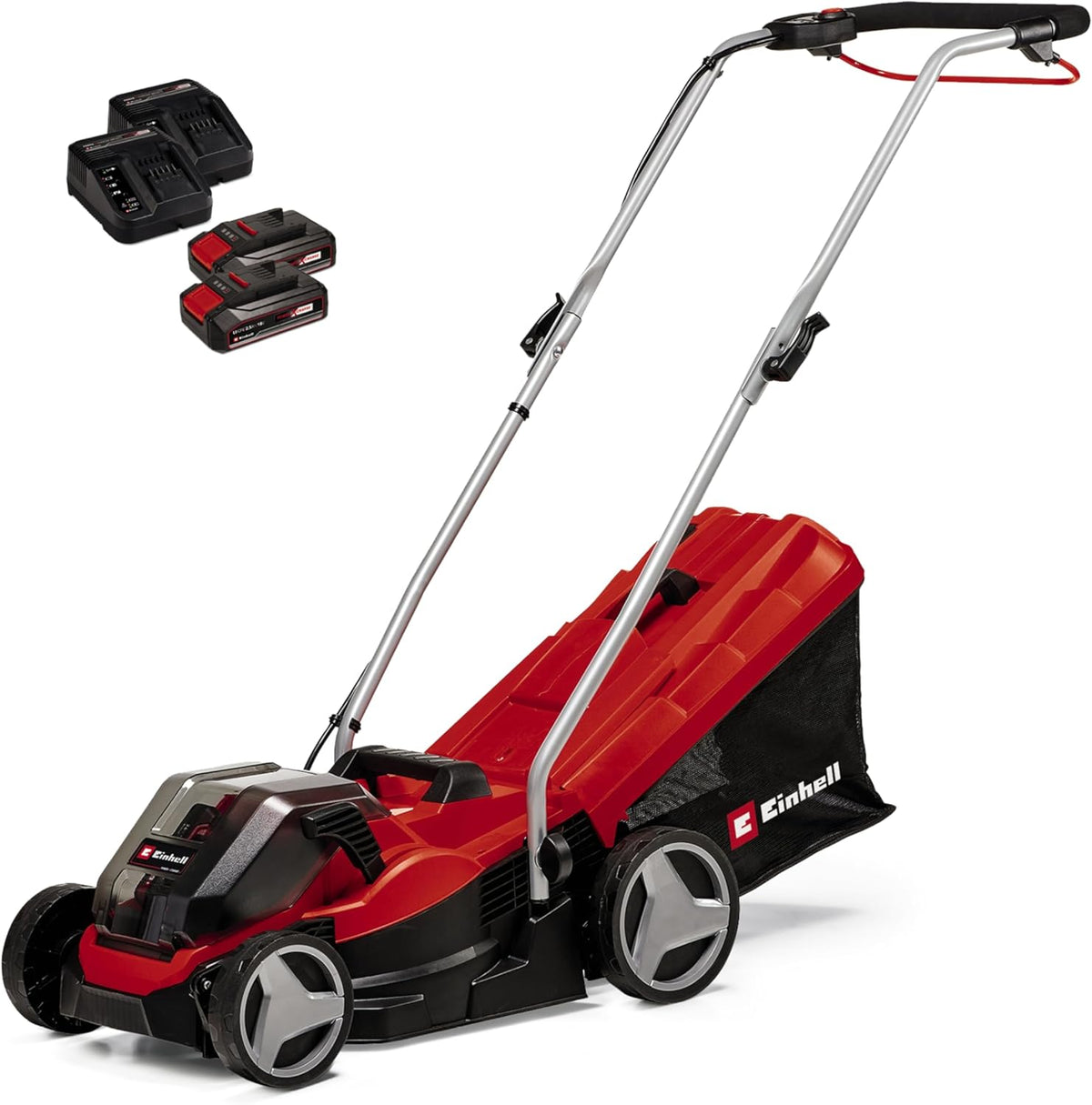 Einhell GE CM 36 33 Li Kit Akku Rasenmäher - Power X Change 36 Volt mit 33 cm Schnittbreite - Für Flächen bis 250 Quadratmeter - Mit 2 x 2,5 Ah Akkus und 2 Ladegeräten