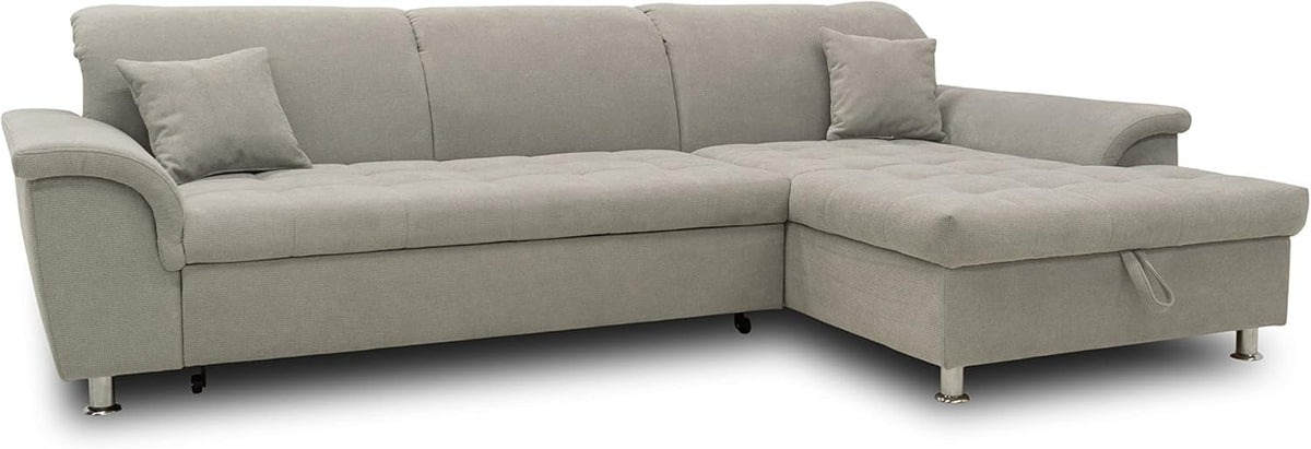DOMO collection Franzi Ecksofa - Schlafsofa mit Bettfunktion Rückenfunktion und Stauraum - Hellgrau mit rechtem Longchair - 279 x 170 x 81 cm