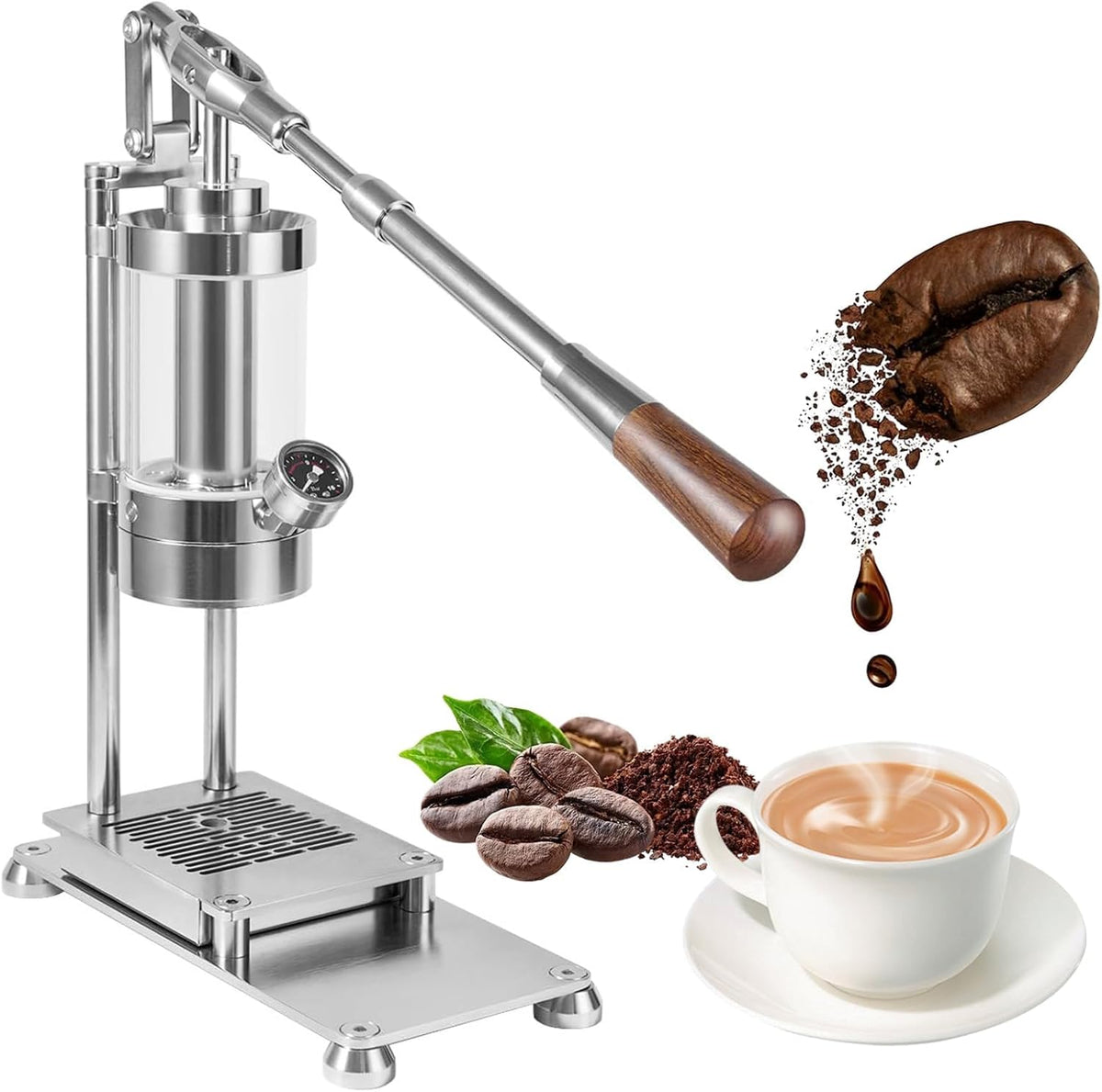 Manuelle Hebel Espressomaschine - 1 bis 16 bar mit 58 mm Siebträger - Edelstahl Design mit Massivholzgriff - Tragbarer Espressokocher für Cappuccino Latte und Macchiato