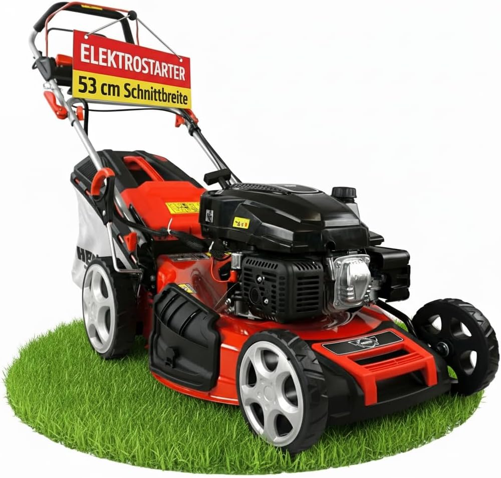 HECHT 5 in 1 Benzin Rasenmäher 6 PS - 4,4 kW 4 Takt Eco Motor mit Elektrostart - 53 cm Schnittbreite 75 L Fangkorb - Radantrieb und Mulchfunktion