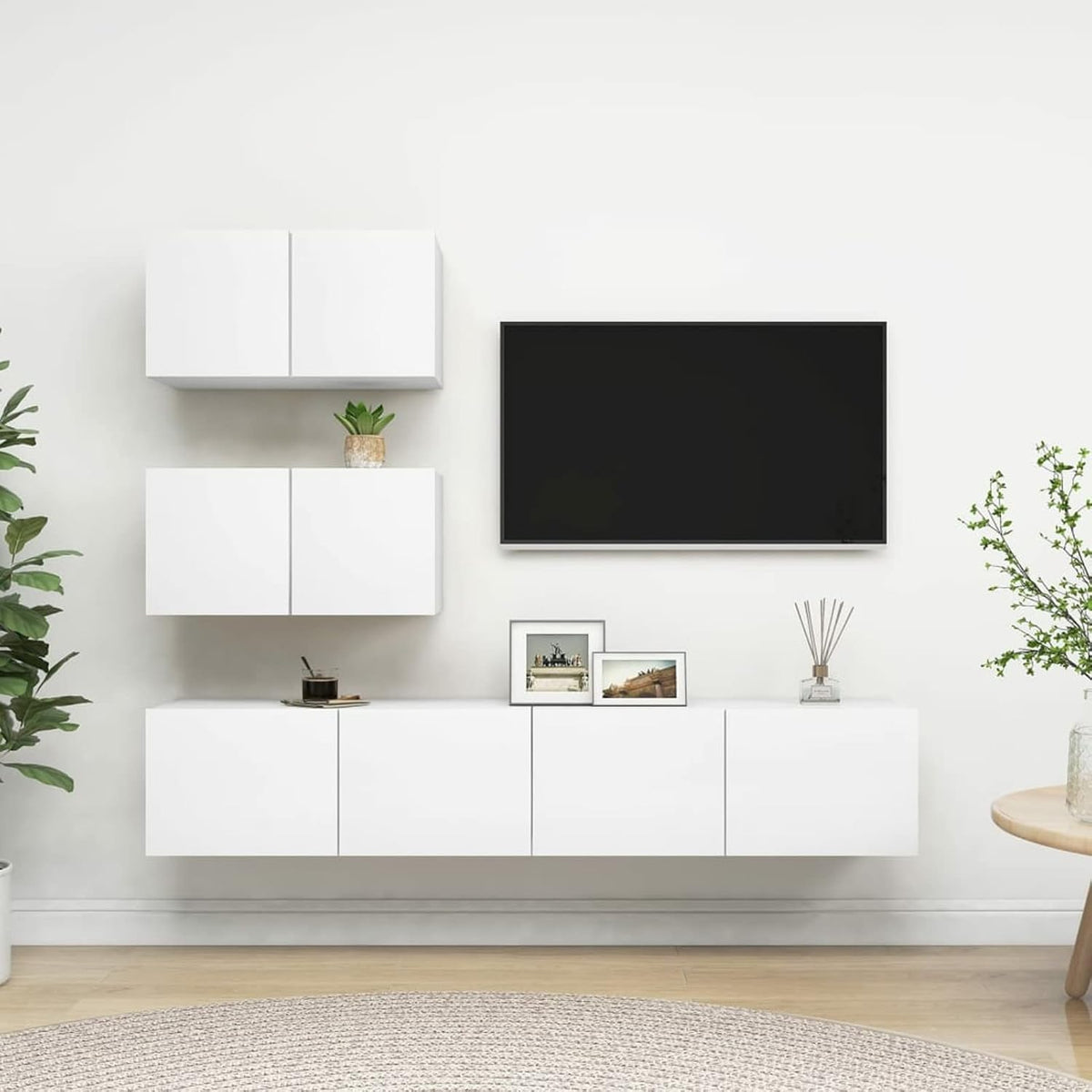 Leepesx TV Schrank Set 4 teilig - Weiße Wohnwand aus Spanplatte - Moderne Schrankwand für TV und Phonogeräte - Anbauwand zur Selbstmontage für Wohnzimmer