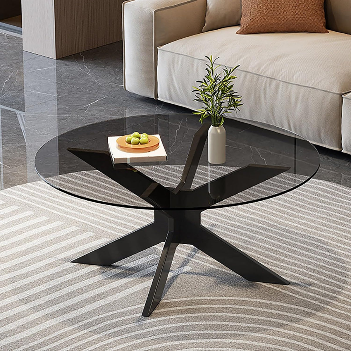 Runder Couchtisch aus Glas - Gehärtete Tischplatte und Massivholzbeine - Modernes Design mit Podestsockel - Für kleine Wohn und Schlafzimmer