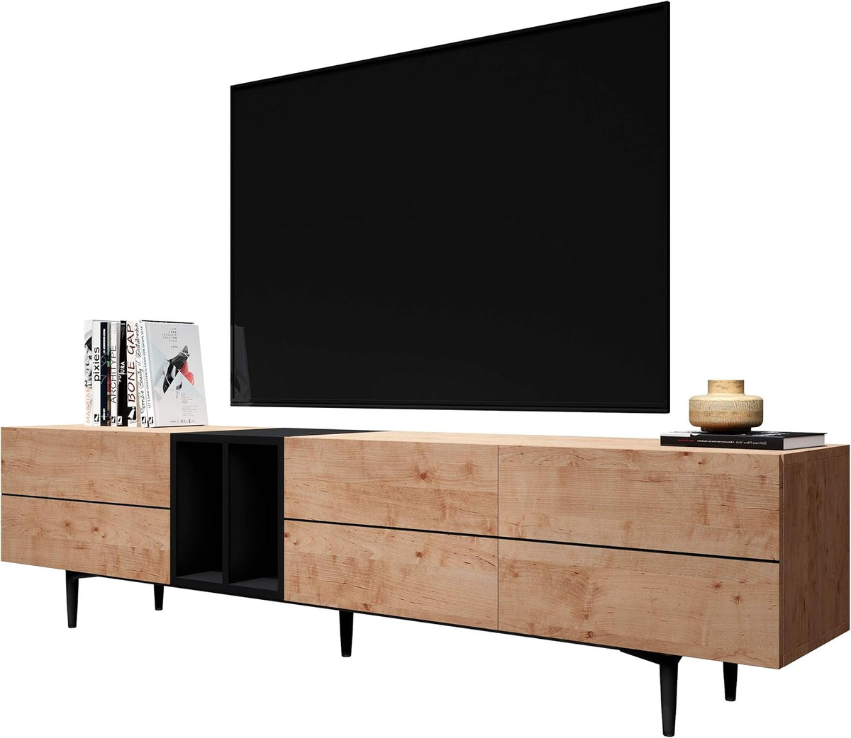 Newfurn TV Lowboard 195 x 48 x 37 cm - Schwarz mit Wildeiche Optik - Holzwerkstoff im Vintage Industrial Stil - robustes TV Board für Wohnzimmer