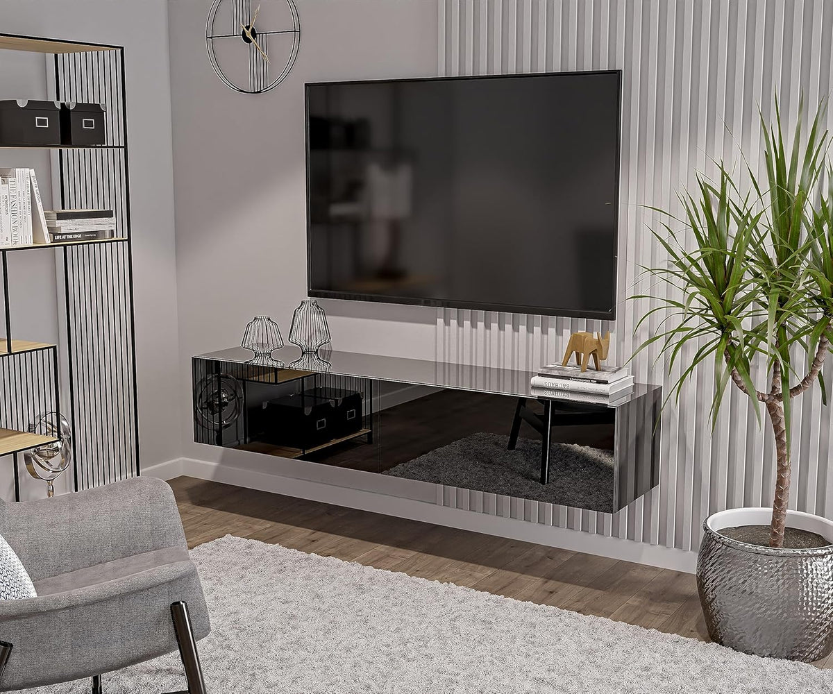 Modulares TV Lowboard - Schwarz Hochglanz mit Push to Open System - 180 x 35 x 40 cm aus 2 Modulen - Wandmontierter Fernsehschrank für modernes Wohnzimmer