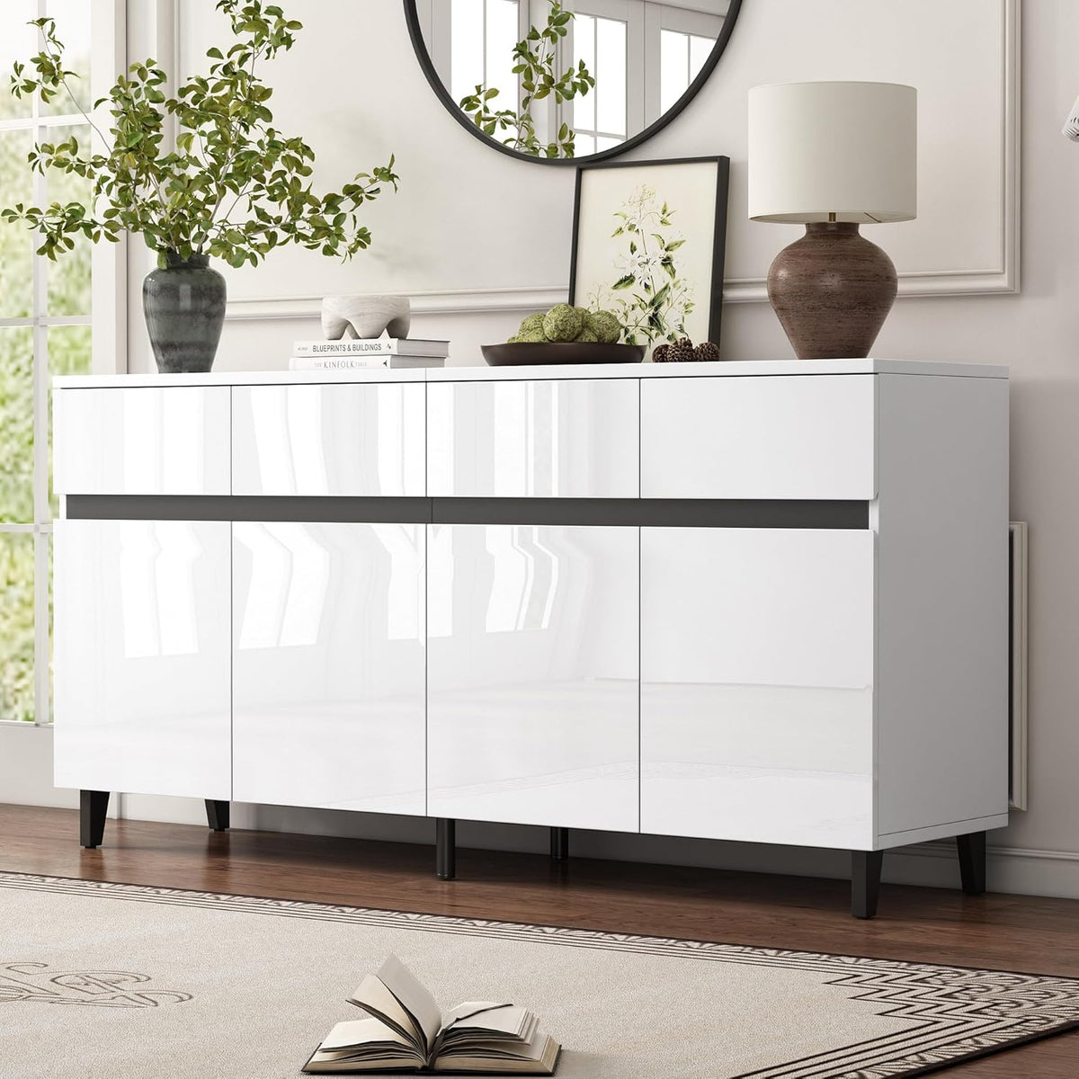 Merax Sideboard 160 cm - 4 Türen 4 Schubladen und verstellbare Ablage - Hochglanz Buffetschrank in Weiß und Schwarz - 160 x 68 x 40 cm für Wohn und Esszimmer