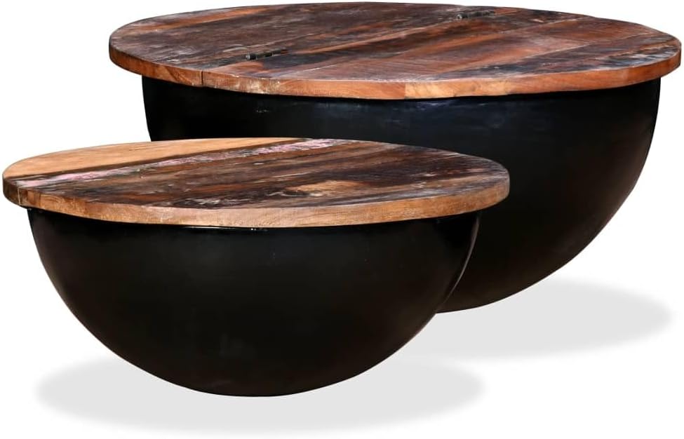 Couchtisch Set aus massivem Altholz - Zweiteilig mit Schüsselform und verstecktem Stauraum - Schwarz im Industriedesign - 60 x 27 cm für das Wohnzimmer