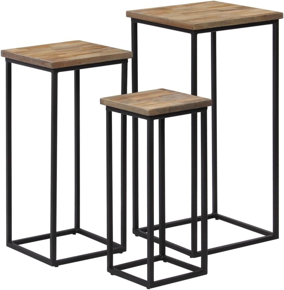 Beistelltisch Set 3-teilig - Recyceltes Teakholz und pulverbeschichteter Stahl - Braun im industriellen Design - 35 x 35 x 72 cm für Wohn und Schlafzimmer