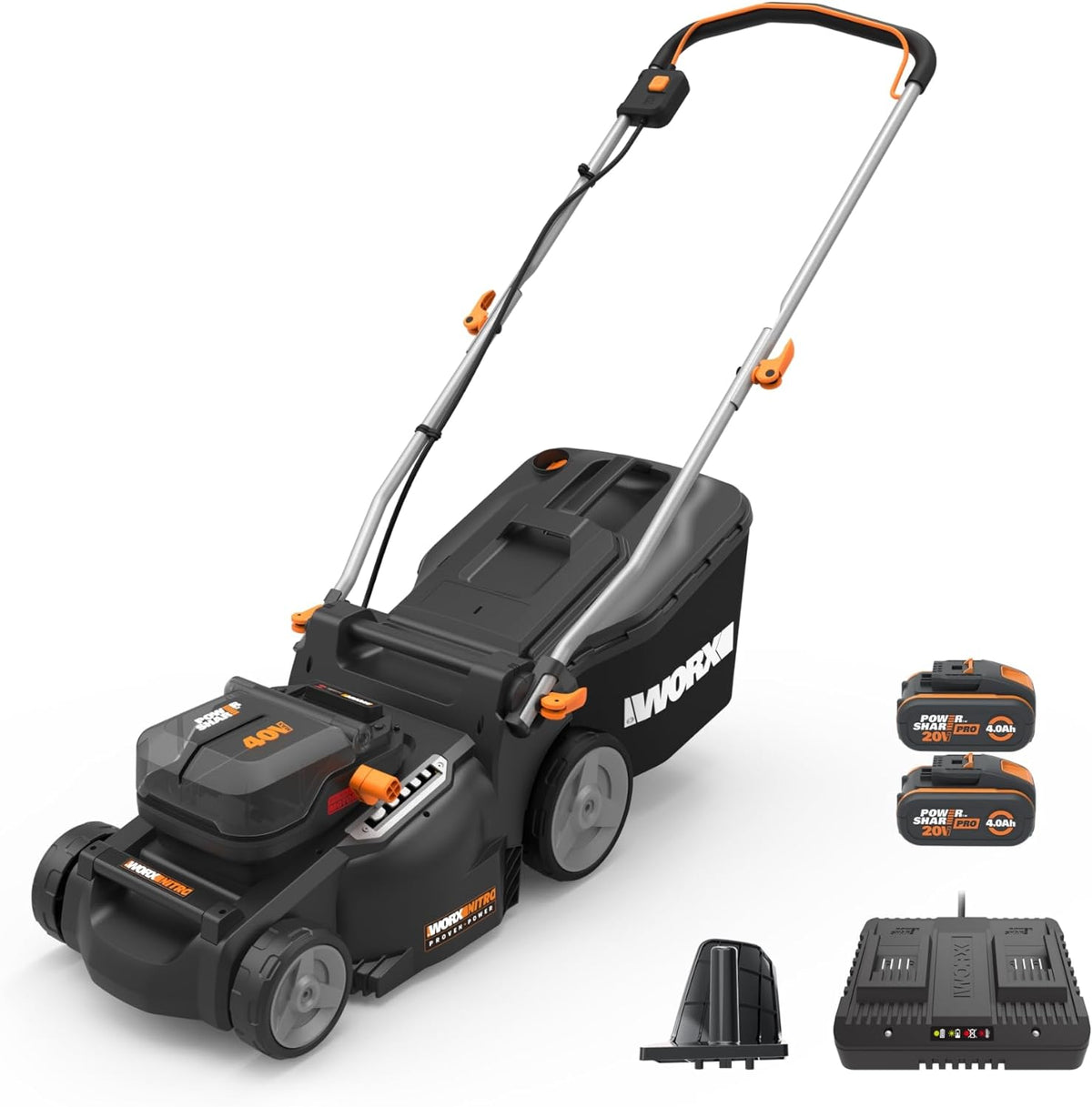 WORX WG737E Nitro Akku Rasenmäher - 40 Volt mit Brushless Motor und 37 cm Schnittbreite - 6 Schnitthöhen von 20 bis 70 mm - Mit 2 x 4 Ah Akkus und Dual Ladegerät