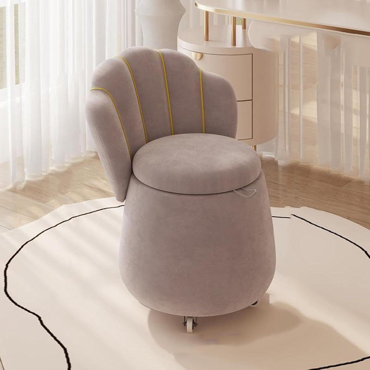 Samt Fußhocker mit hoher Rückenlehne - Grau mit Rollen - Vielseitiger Pouf und Couchhocker - Für Schlafzimmer und Wohnzimmer