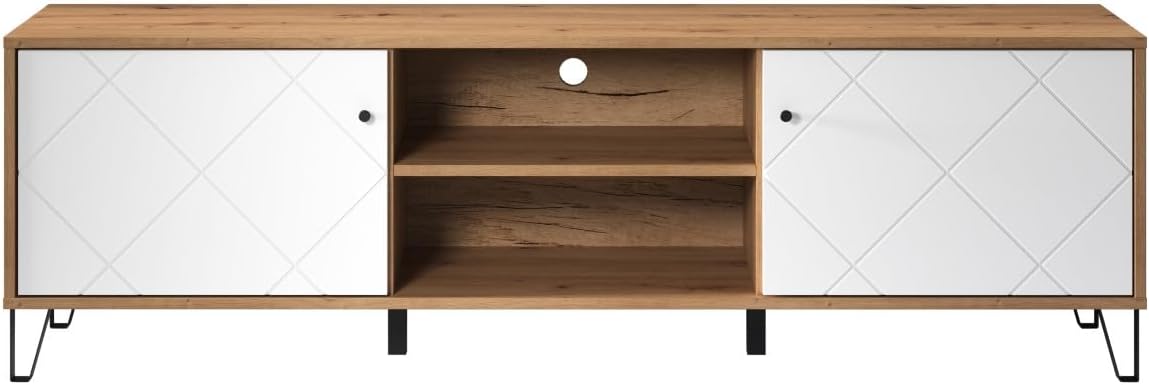 trendteam Touch Lowboard 183 x 56 x 40 cm - 2 Türen und 2 offene Fächer - Weiß Eiche mit gefrästen Fronten - TV Unterteil mit schwarzen Metallfüßen