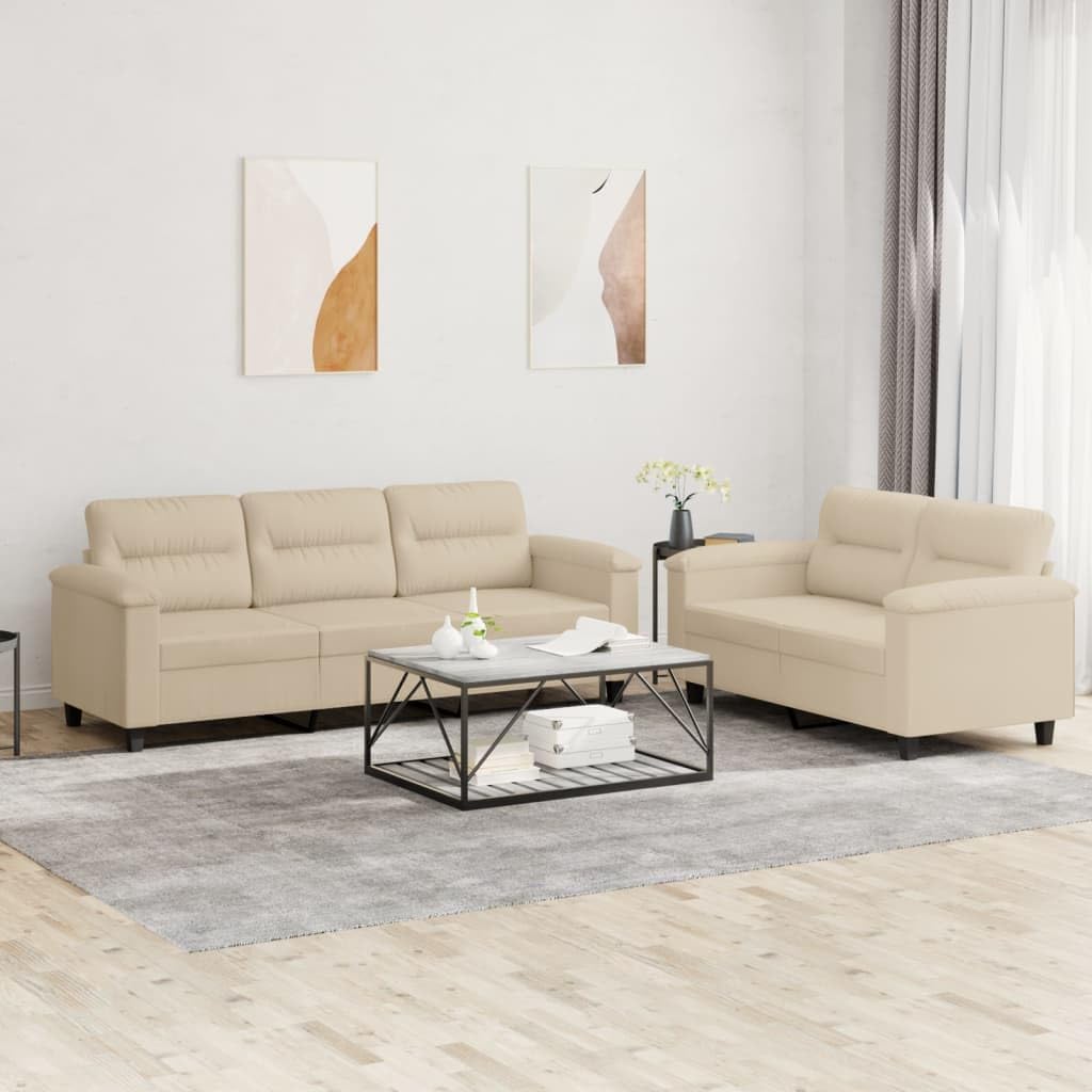 Sofagarnitur 2-teilig - Cremefarbenes Mikrofasergewebe mit Kissen - Modernes Couch Set zum Lesen und Fernsehen - Hauptelement 210 x 77 x 80 cm