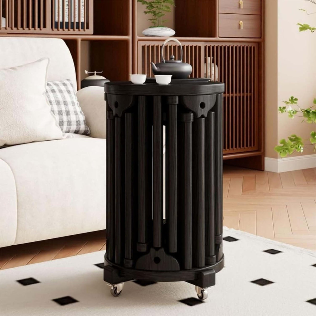 Stapelbare Rundhocker mit Rollen - Schwarze Holzhocker im platzsparenden Set - Multifunktionale Sitzmöbel - Für Wohnzimmer Küche Schlafzimmer und Balkon