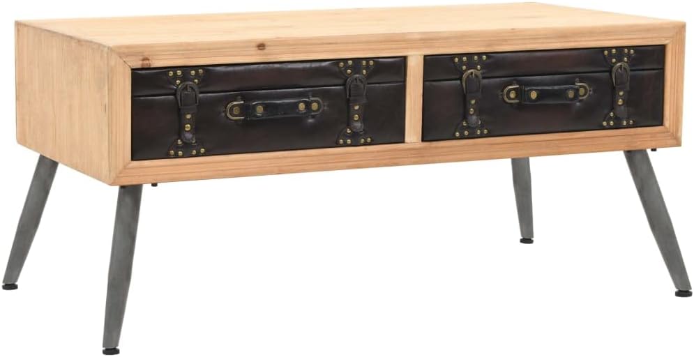 Retro Couchtisch aus massivem Tannenholz - 110 x 55 x 50 cm mit Schubladen im Koffer Design - Braun im Vintage Stil - Für Wohnzimmer Schlafzimmer und Flur