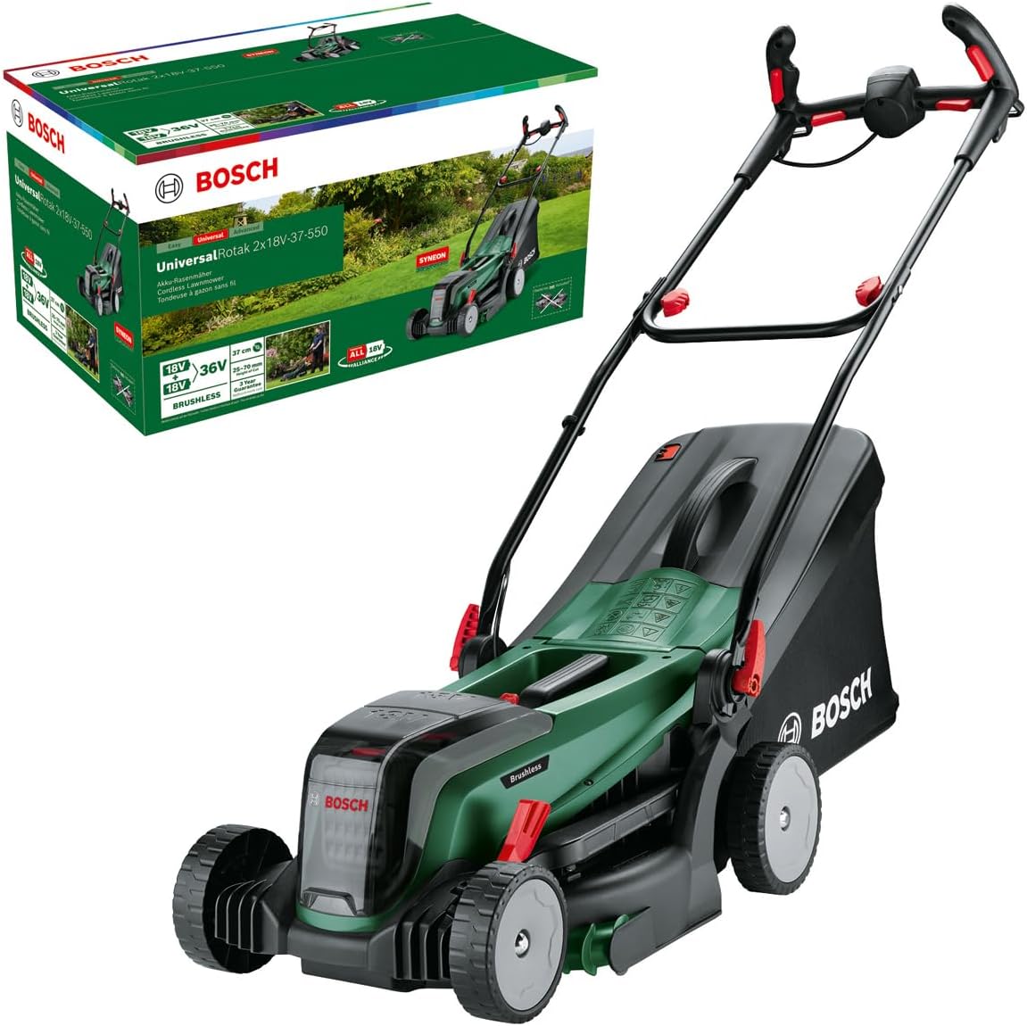 Bosch UniversalRotak 2 x 18V 37 550 Akku Rasenmäher - 37 cm Schnittbreite für Rasen bis 500 m2 - Kabelloser Gartenmäher 18 Volt System - Ohne Akku und Ladegerät