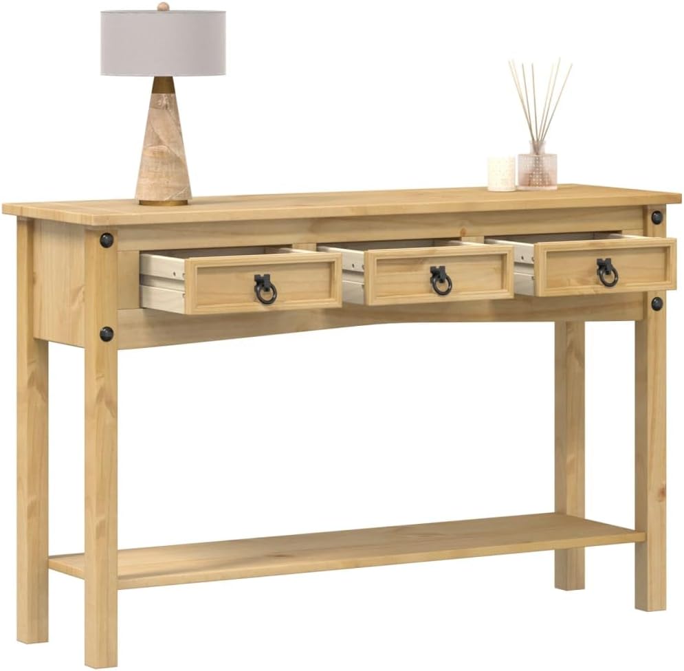 Corona Konsolentisch - Drei Schubladen und offenes Regal - Massives Kiefernholz mit Honigwachsfinish - 114 x 73 x 34,5 cm für Flur und Wohnzimmer