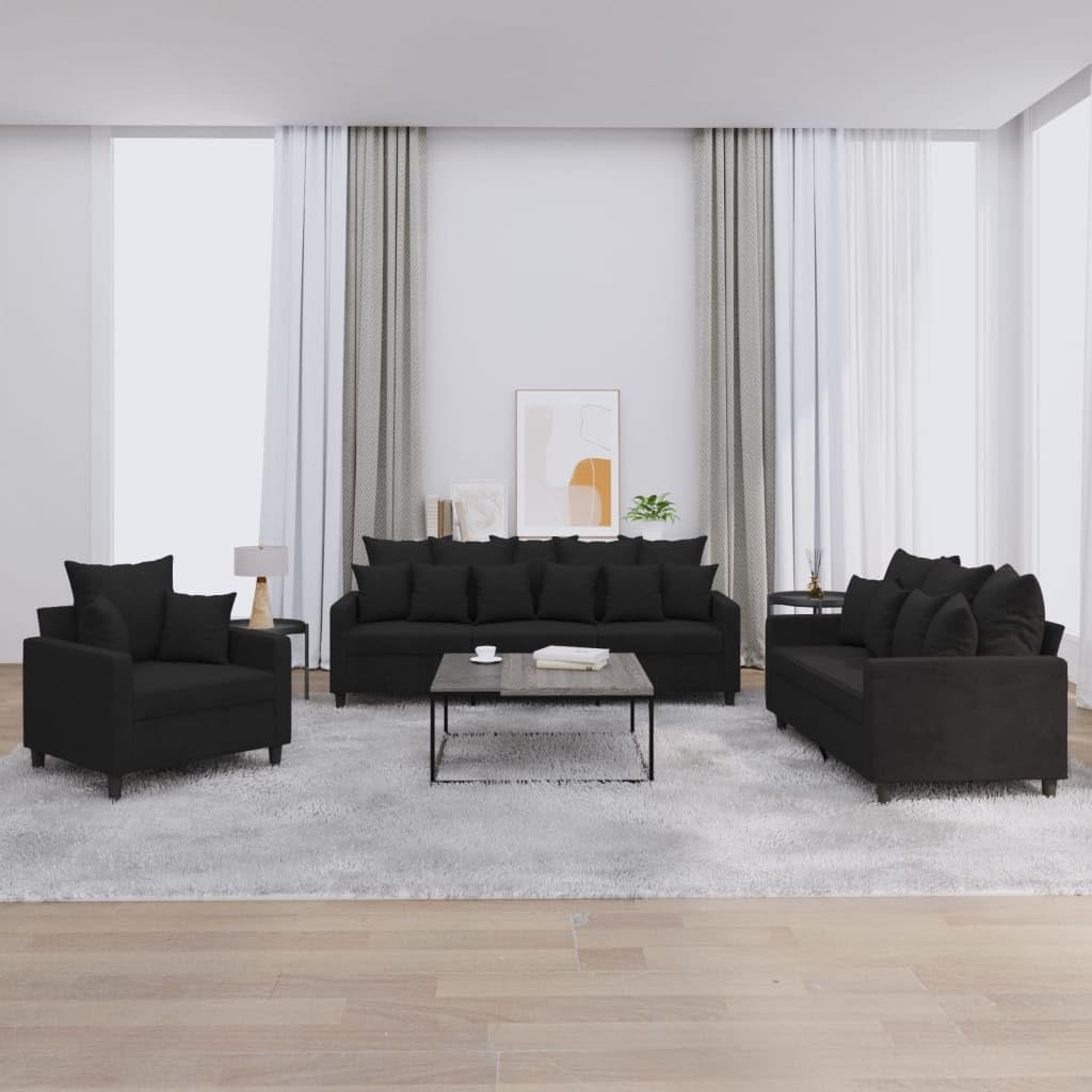 Brokky Sofagarnitur 3-teilig - Schwarzer Samt mit passenden Kissen - Rustikale Wohnzimmer Sitzgruppe - Hauptelement 198 x 77 x 80 cm