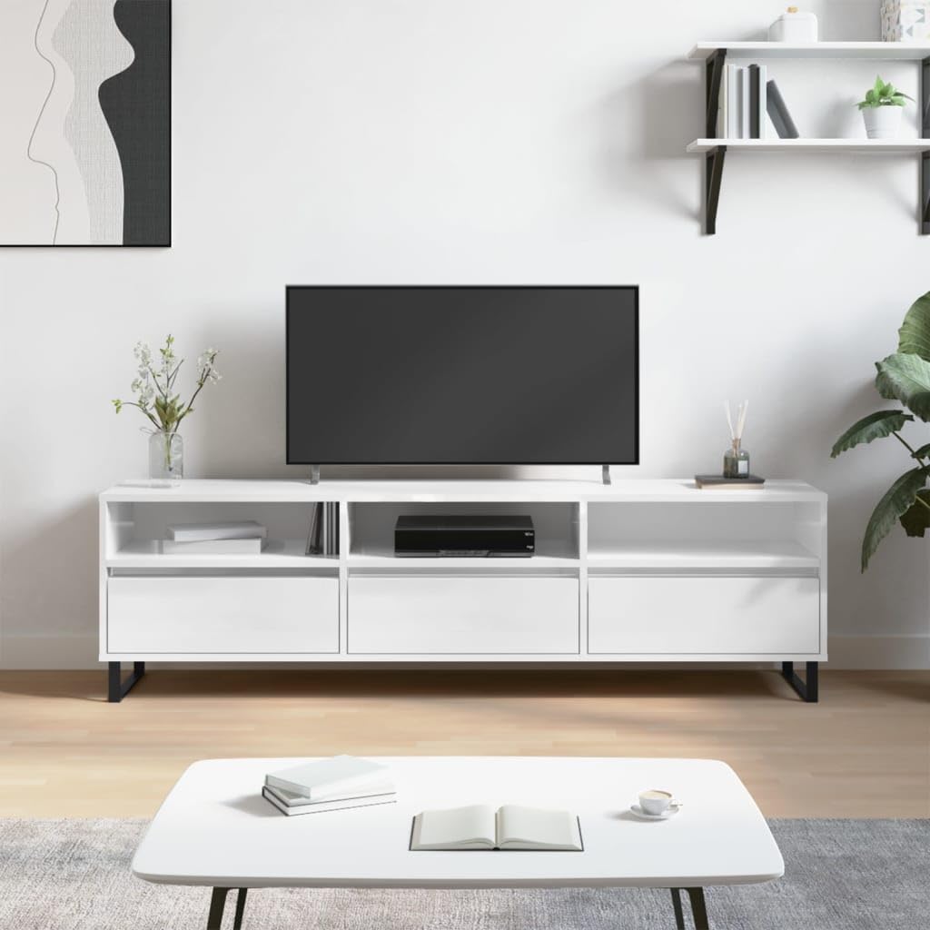 TV Lowboard Hochglanz Weiß 150 x 30 x 44 cm - modernes Fernsehmöbel ohne Montage - schlanke TV Bank für Wohnzimmer - weiße Hochglanz Oberfläche