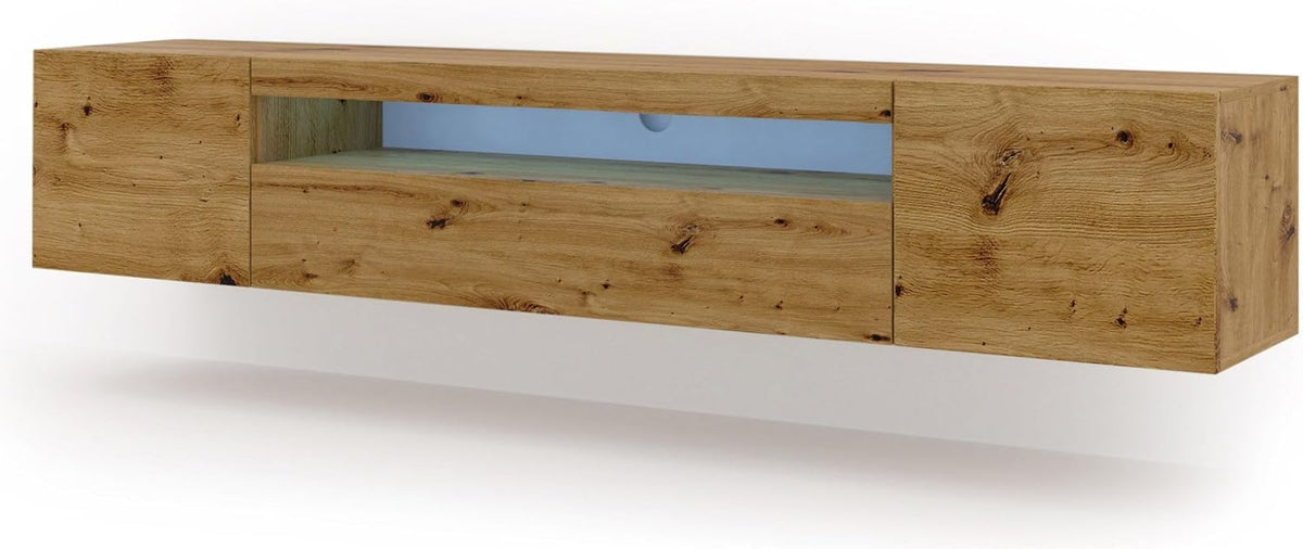 BIM Furniture Aura TV Lowboard - Artisan Eiche mit LED Beleuchtung - 200 x 37 x 42 cm hängend oder stehend - Moderner Fernsehtisch und Wohnzimmerschrank mit 40 kg