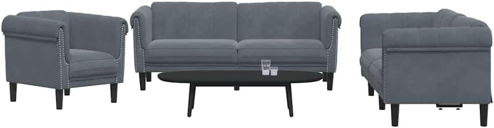 Dreiteilige Sofagarnitur aus Samt - Dunkelgrau im modernen Design - Großzügiges Sofa Set zum Plaudern und Fernsehen - Für das Wohnzimmer