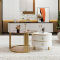 Couchtisch Set 2 in 1 - Zwei Schubladen und gehärtete Glasflächen - Weiß und Braun im modernen Design - 70 x 70 x 45 cm und 50 x 50 x 40 cm