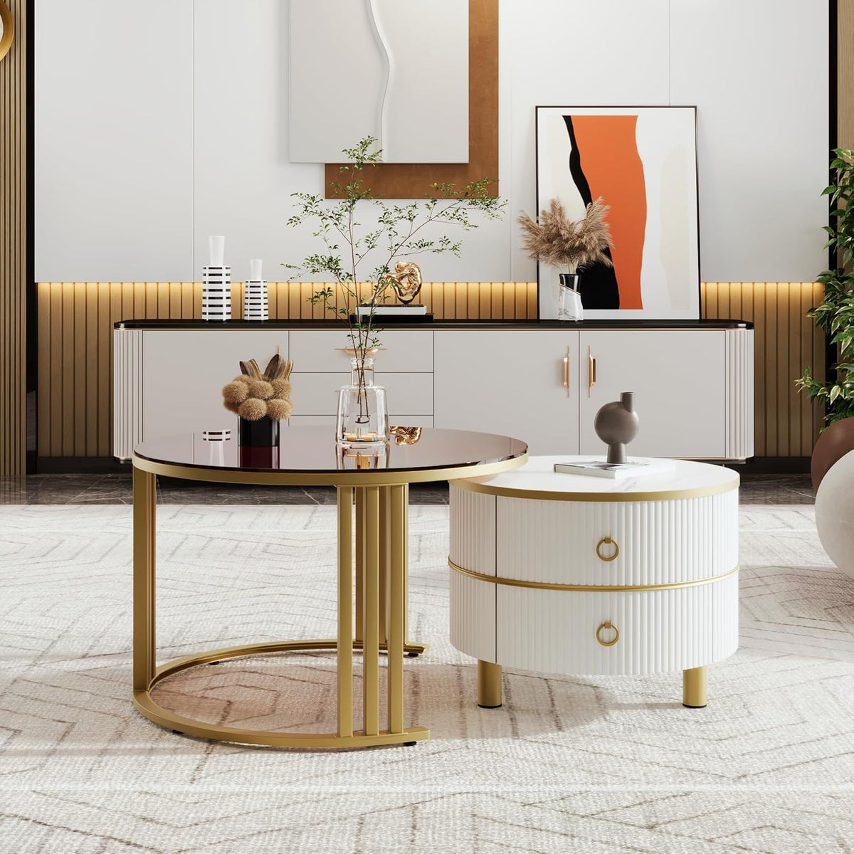Couchtisch Set 2 in 1 - Zwei Schubladen und gehärtete Glasflächen - Weiß und Braun im modernen Design - 70 x 70 x 45 cm und 50 x 50 x 40 cm