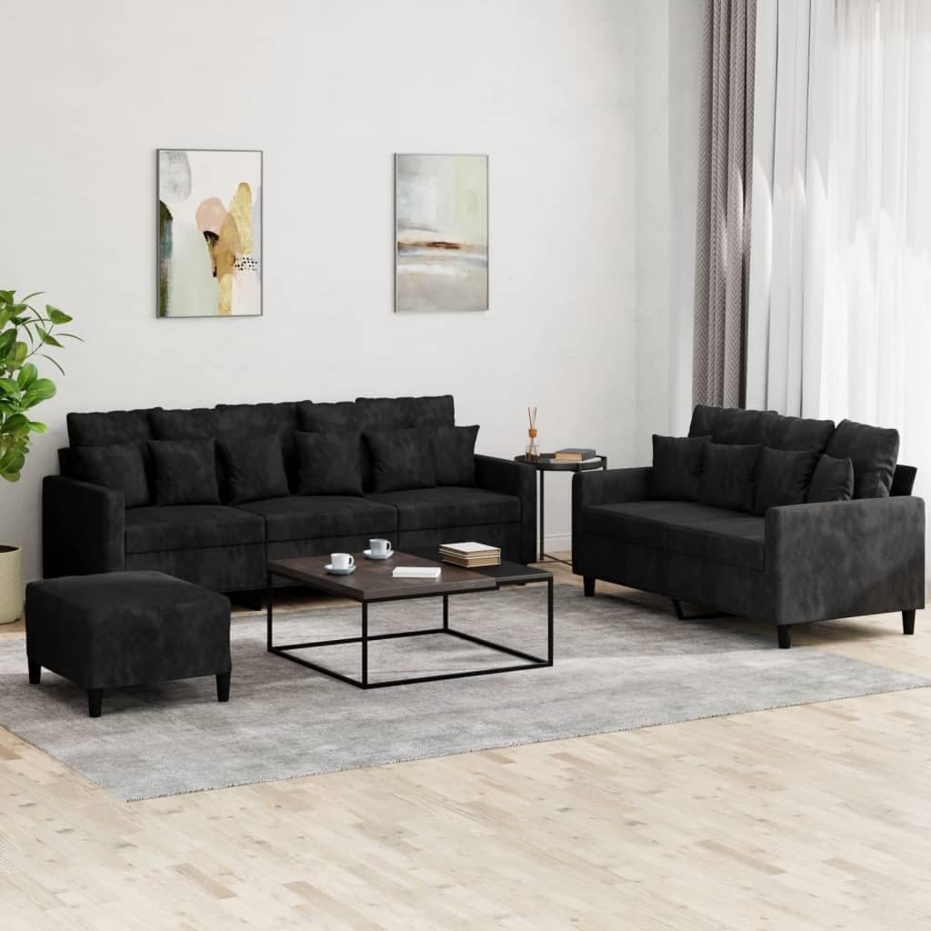 Sofagarnitur 3-teilig - Schwarzer Samt mit passenden Kissen - Modernes Couch Set für das Wohnzimmer - Hauptelement 198 x 77 x 80 cm