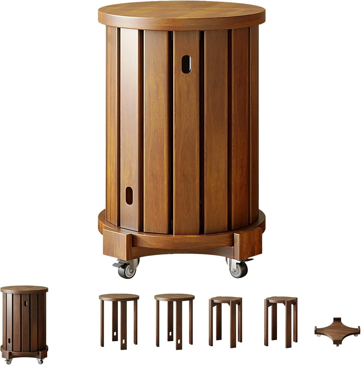 Stapelbare Massivholzhocker im 4er Set - Walnussfarben mit Rollen - Platzsparende Sitzhocker und Beistelltische - Für Wohn Schlafbereich und Balkon