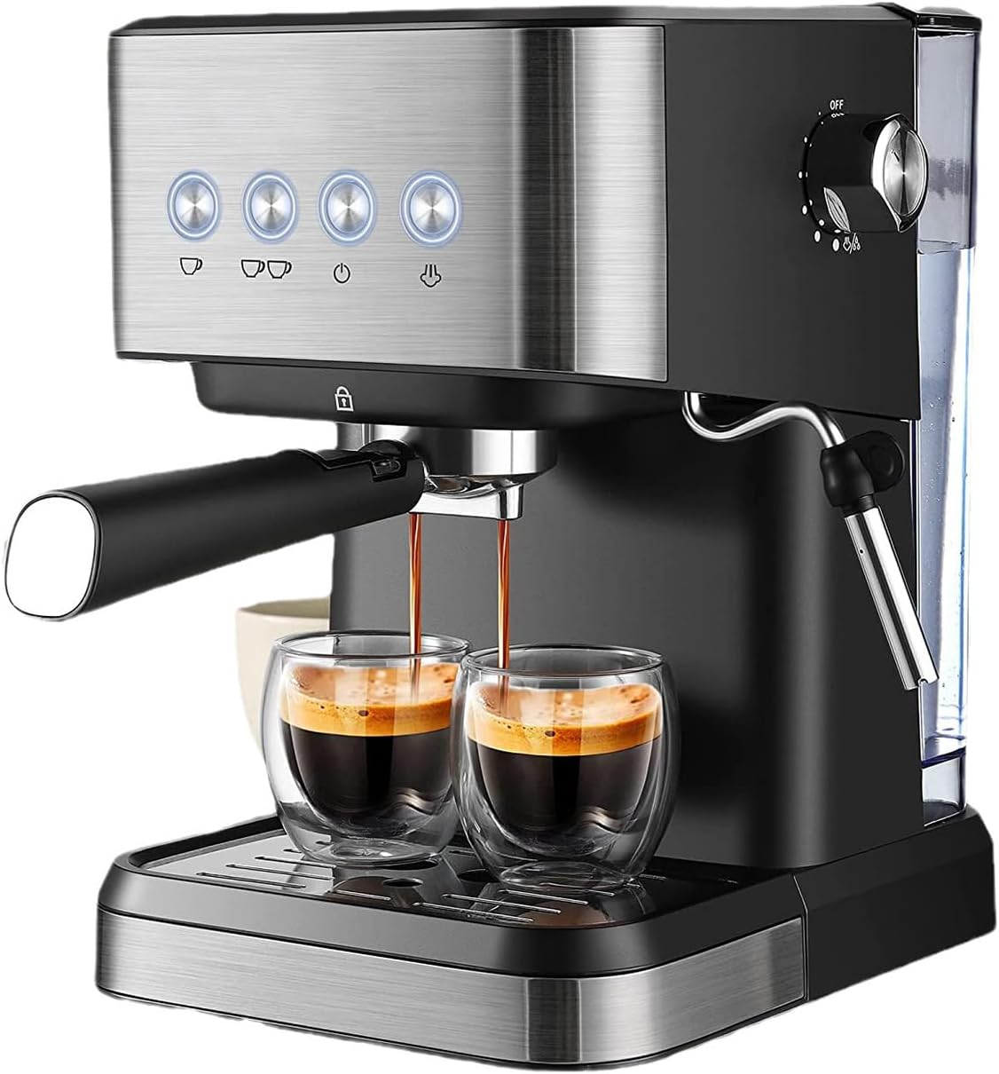Espressomaschine 20 Bar - Edelstahl mit 1,5 L Wassertank und Siebträger - Schnellaufheizung in kompakter Bauform - Schwarz für Cappuccino Latte Espresso