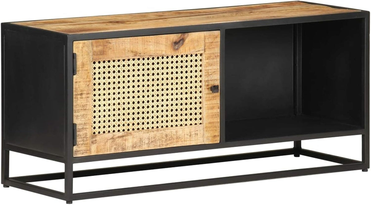 Catherinol TV Lowboard 90 cm - Raues Mangoholz mit Wiener Geflecht - Rechteckiger Fernsehtisch für Medien und Wohnbereich - 90 x 40 x 30 cm ohne Montage
