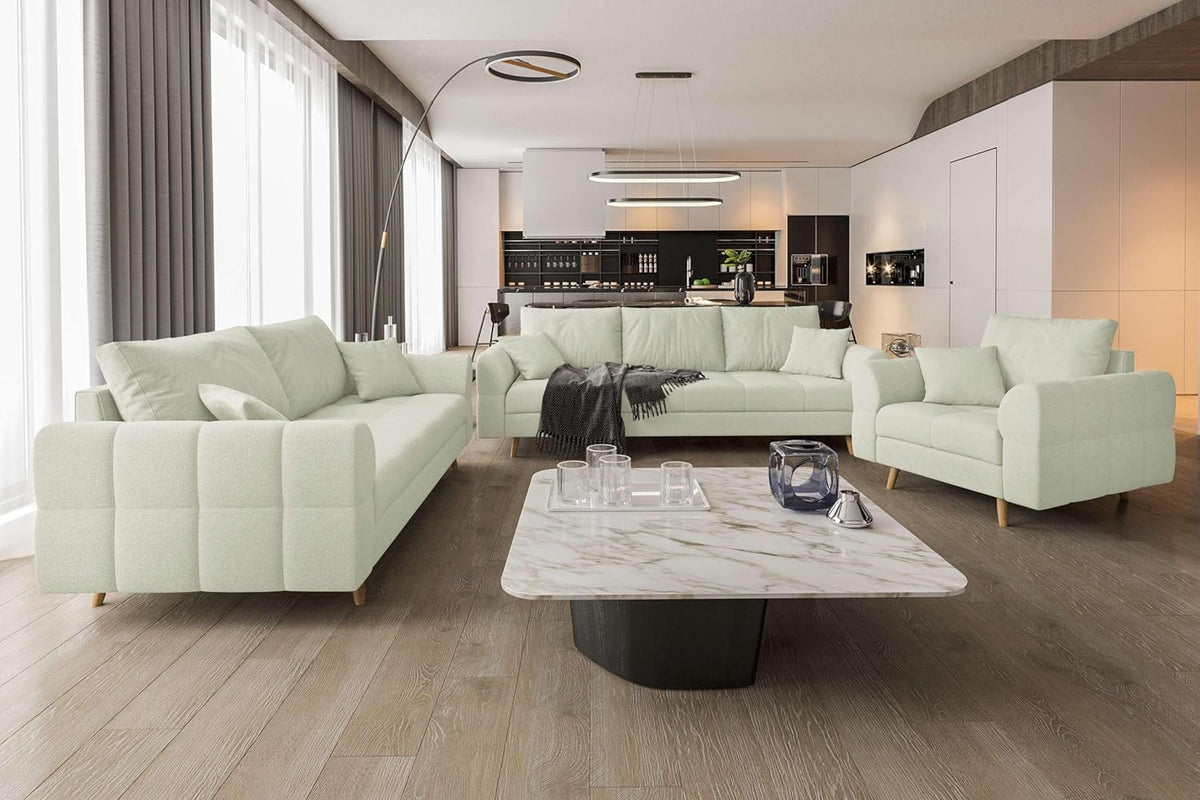 99rooms Bello Sofagarnitur - 3 Sitzer 2 Sitzer und Sessel mit 750 kg Belastbarkeit - Cremefarbener Strukturstoff im skandinavischen Stil - 457 cm Gesamtbreite