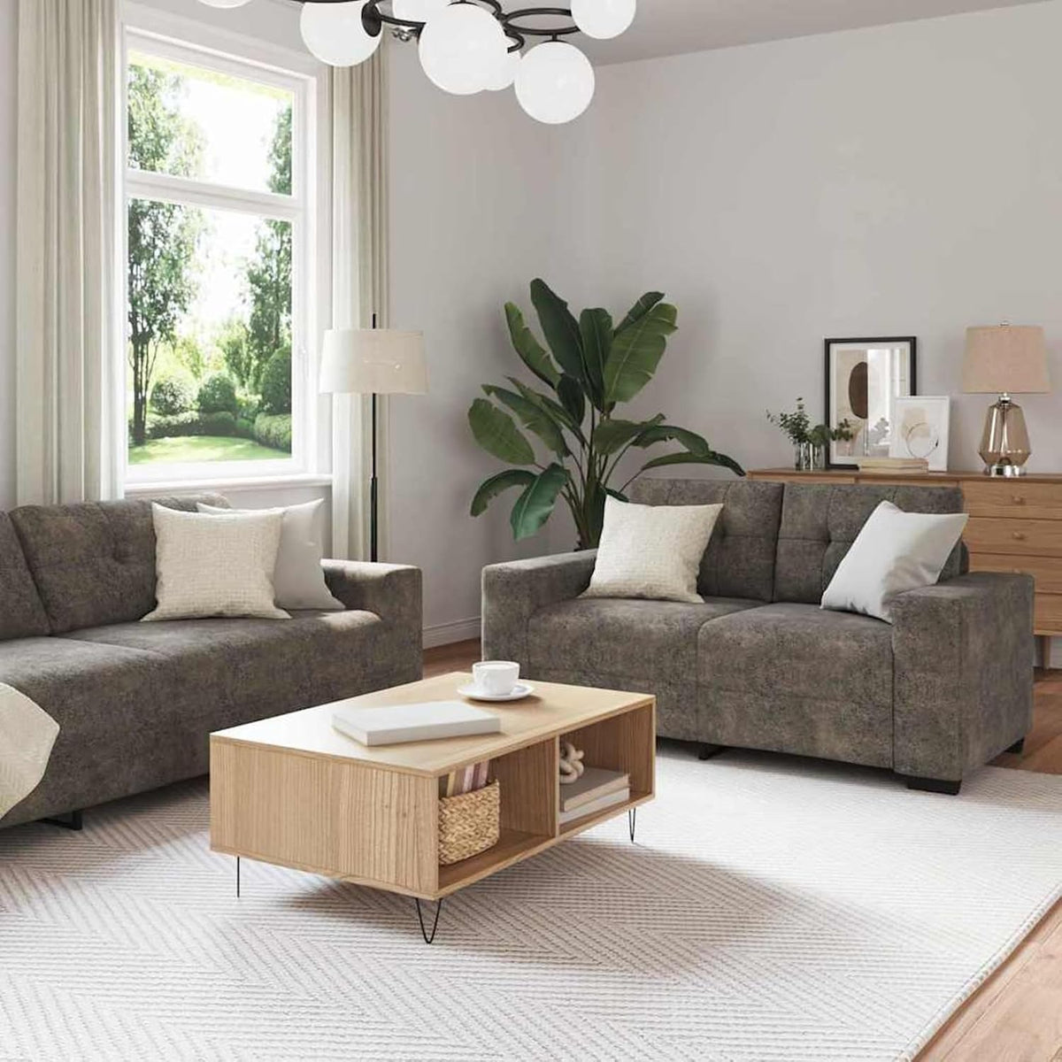 Sofa Set 2 und 3 Sitzer - Dunkelgraues Kunstleder mit Holz Stahl Gestell - Zweiteilige Couchgarnitur - Für Wohnzimmer und Büro