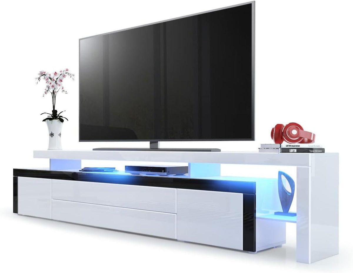 Vladon Leon V3 TV Lowboard 227 x 35 x 52 cm - Weiß Hochglanz mit Schwarz Hochglanz Rahmen - inklusive LED Beleuchtung - modernes TV Board Made in Germany