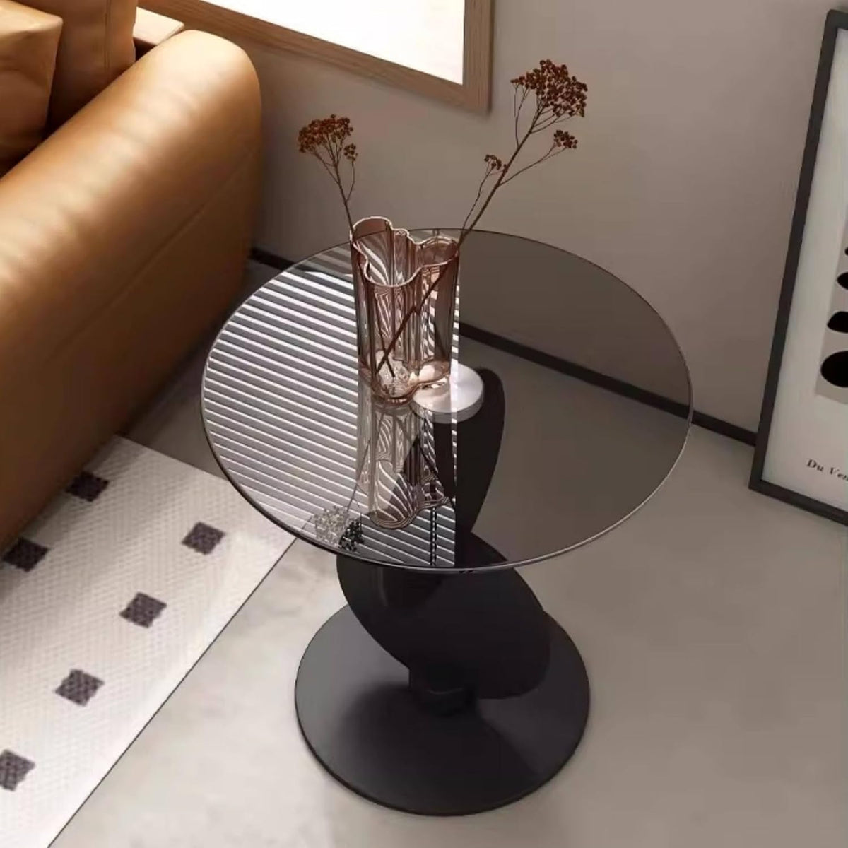 Kleiner Couchtisch aus Hartglas - 40 x 40 x 50 cm - Schwarz mit außergewöhnlichem Podestsockel - Minimalistisch für Wohnzimmer Schlafzimmer und Balkon