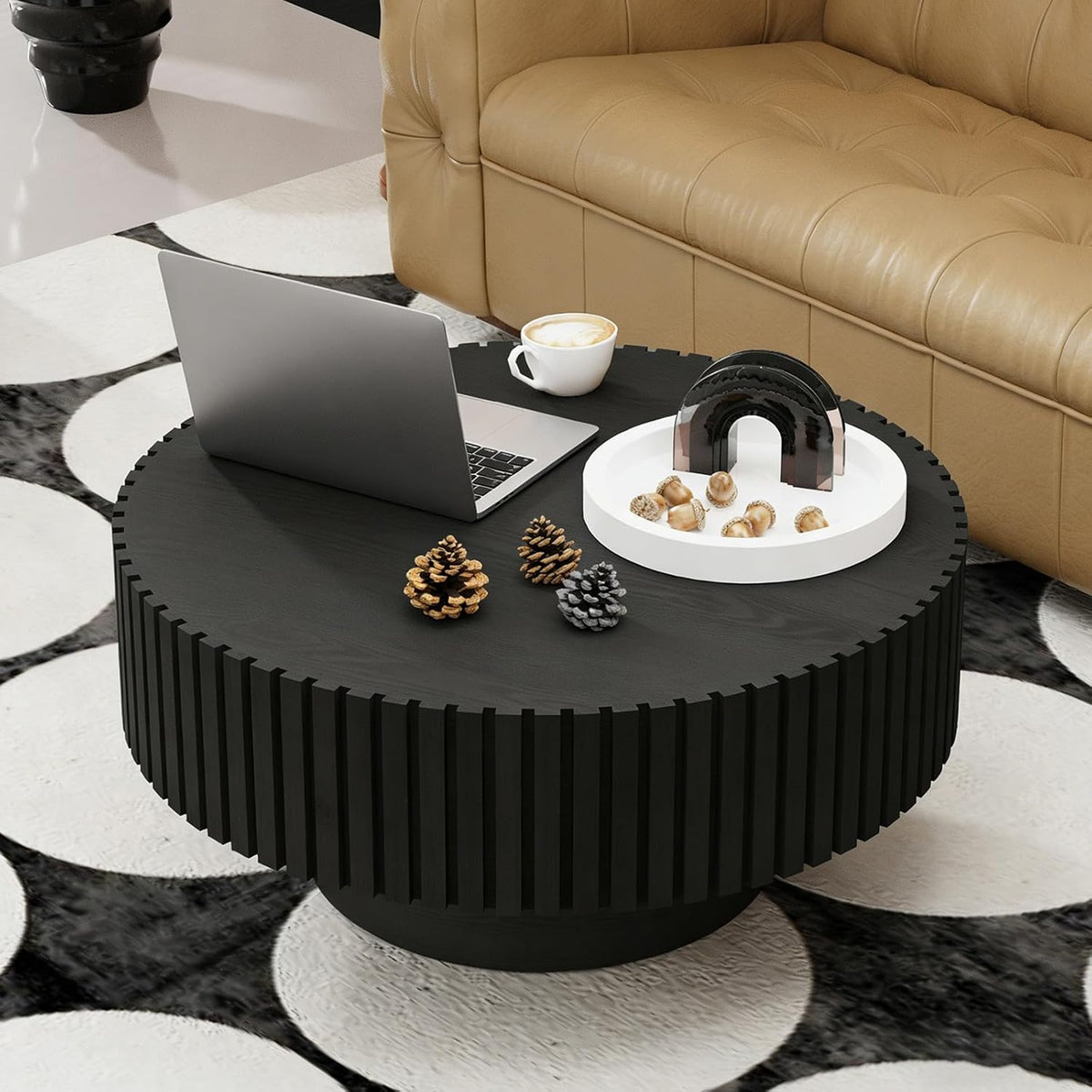 Runder Couchtisch - 80 x 80 x 35,5 cm in Schwarz - Belastbar bis 150 kg - Moderner Wohnzimmertisch für Büro und Balkon