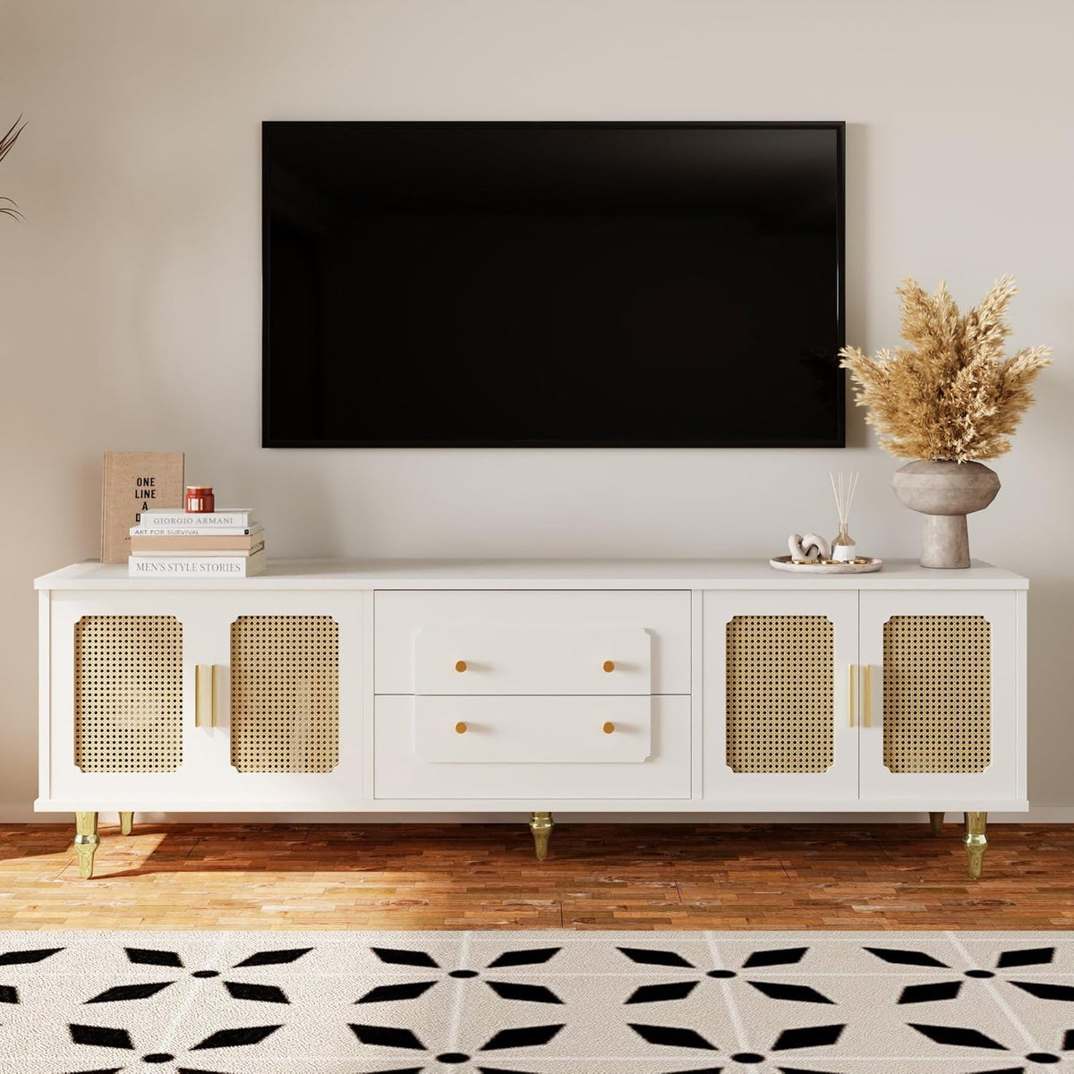TV Lowboard 175 x 38 x 55,5 cm - 4 Türen und 2 Schubladen für viel Stauraum - Weiß im modernen Stil - Fernsehtisch für Wohnzimmer und Esszimmer