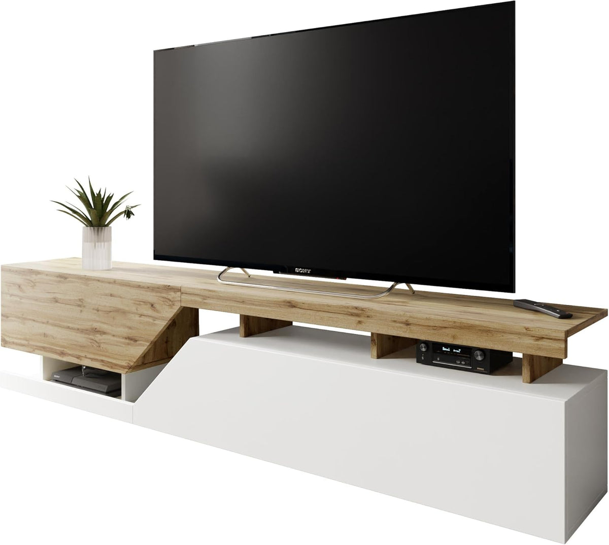 Mirjan24 Nesezi 200 TV Lowboard - 2 Klappen und Türen mit griffloser Öffnung - Weiß Wotan als modernes Sideboard - TV Board für Wohnzimmer und Medienbereich