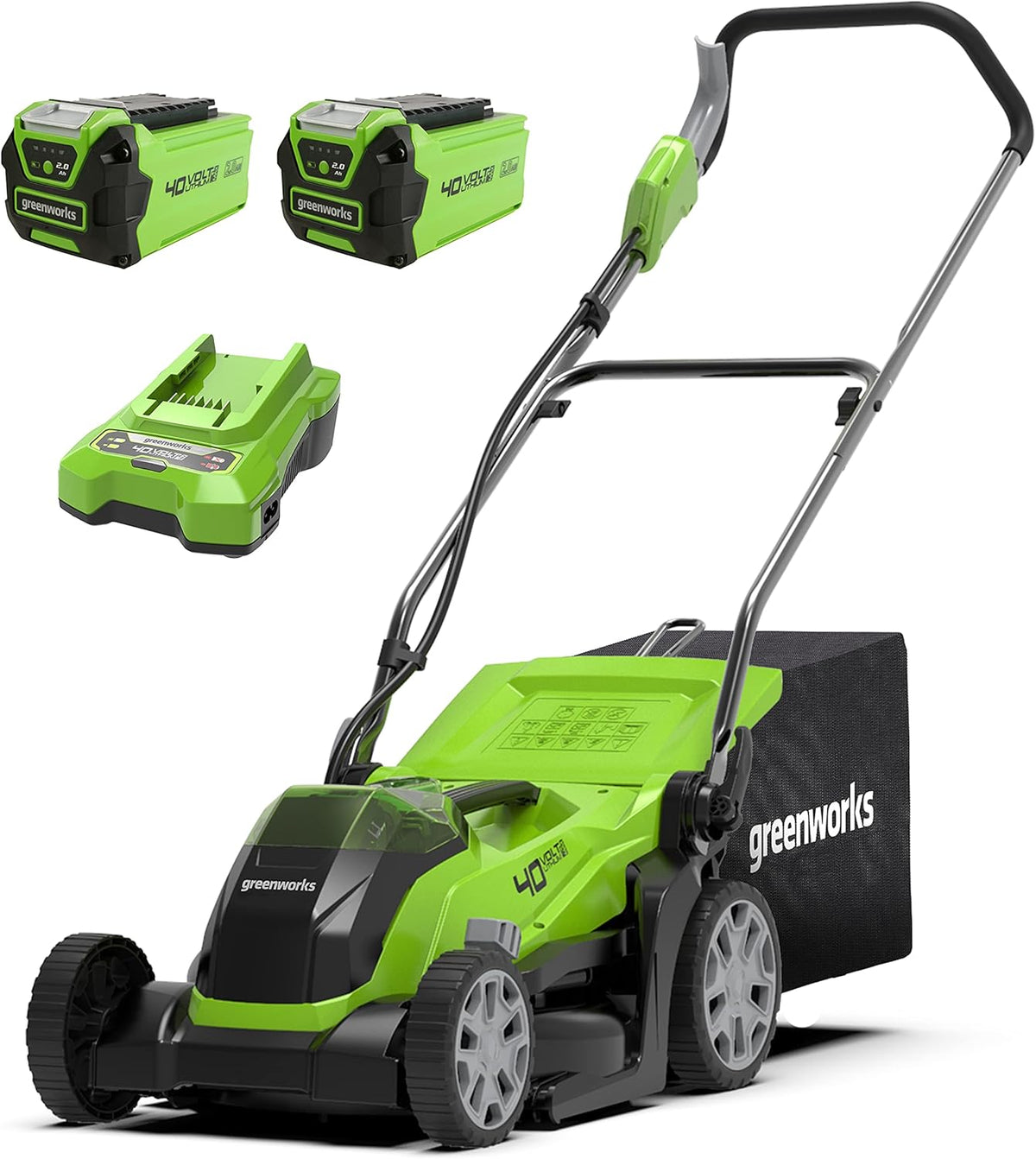 Greenworks G40LM35K2X Akku Rasenmäher - 40 V mit 35 cm Schnittbreite - für Rasenflächen bis 400 m2 - mit 2 x 2 Ah Akkus und 40 L Fangkorb