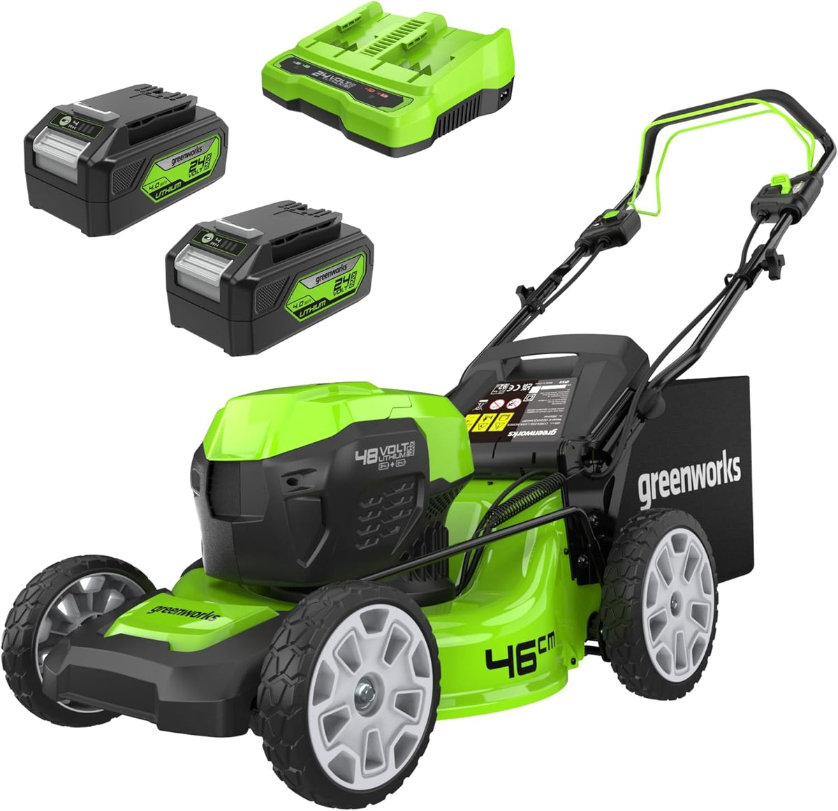 Greenworks GD24X2LM46SPK4X Akku Rasenmäher - 48 V mit 46 cm Schnittbreite - selbstfahrend bis 480 m2 - mit 2 x 4 Ah Akkus und 55 L Fangkorb