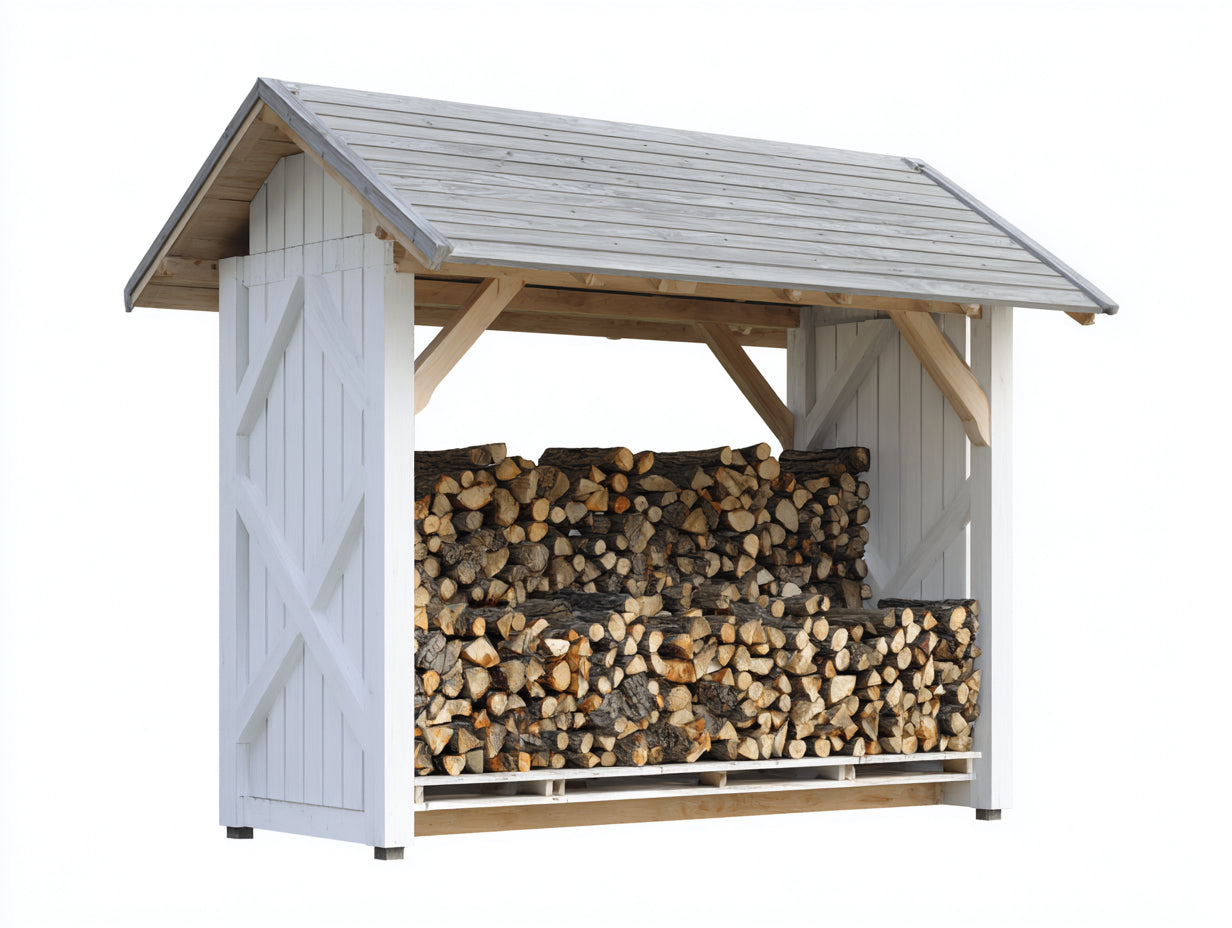 Kaminholzregal - Holz - 240 x 90 x 190 cm - Weiß-Natur-Grau - Landhausstil mit Satteldach