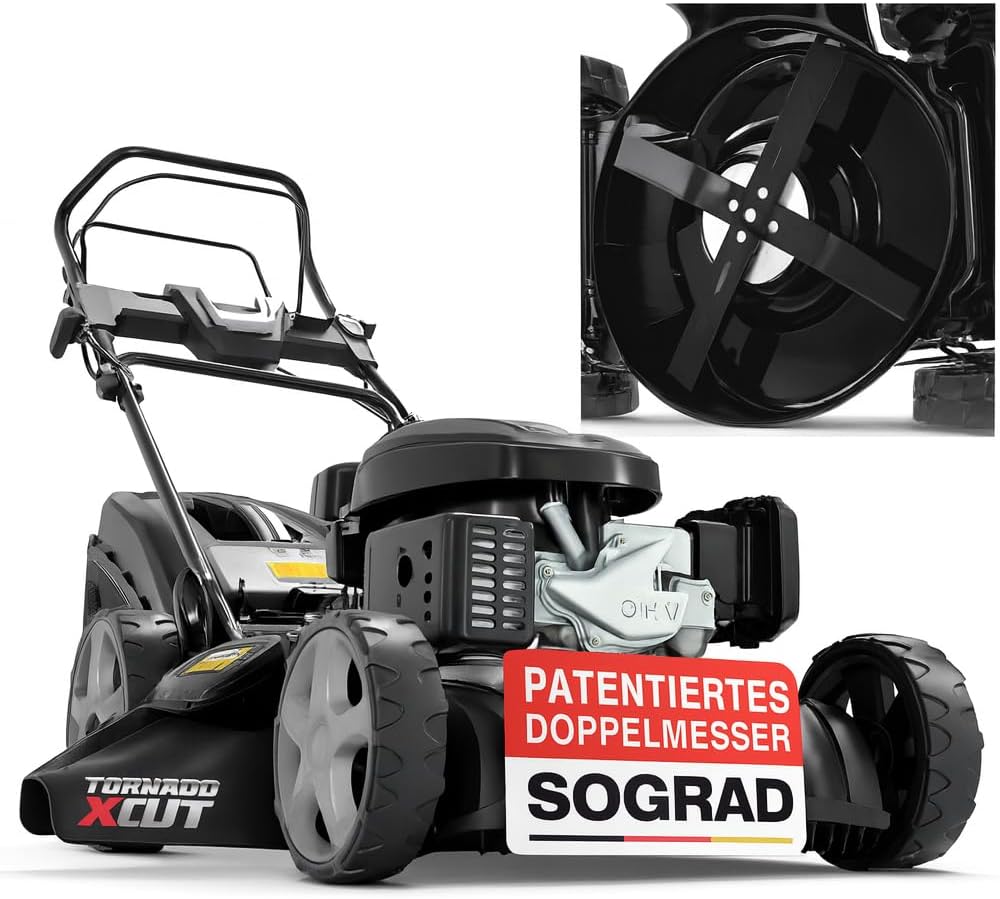 Benzin Rasenmäher 5 in 1 6,5 PS - 196 cm3 4 Takt Motor mit Radantrieb - 51 cm Schnittbreite 60 L Fangkorb - Seitenauswurf und 4 Klingenschneidsystem