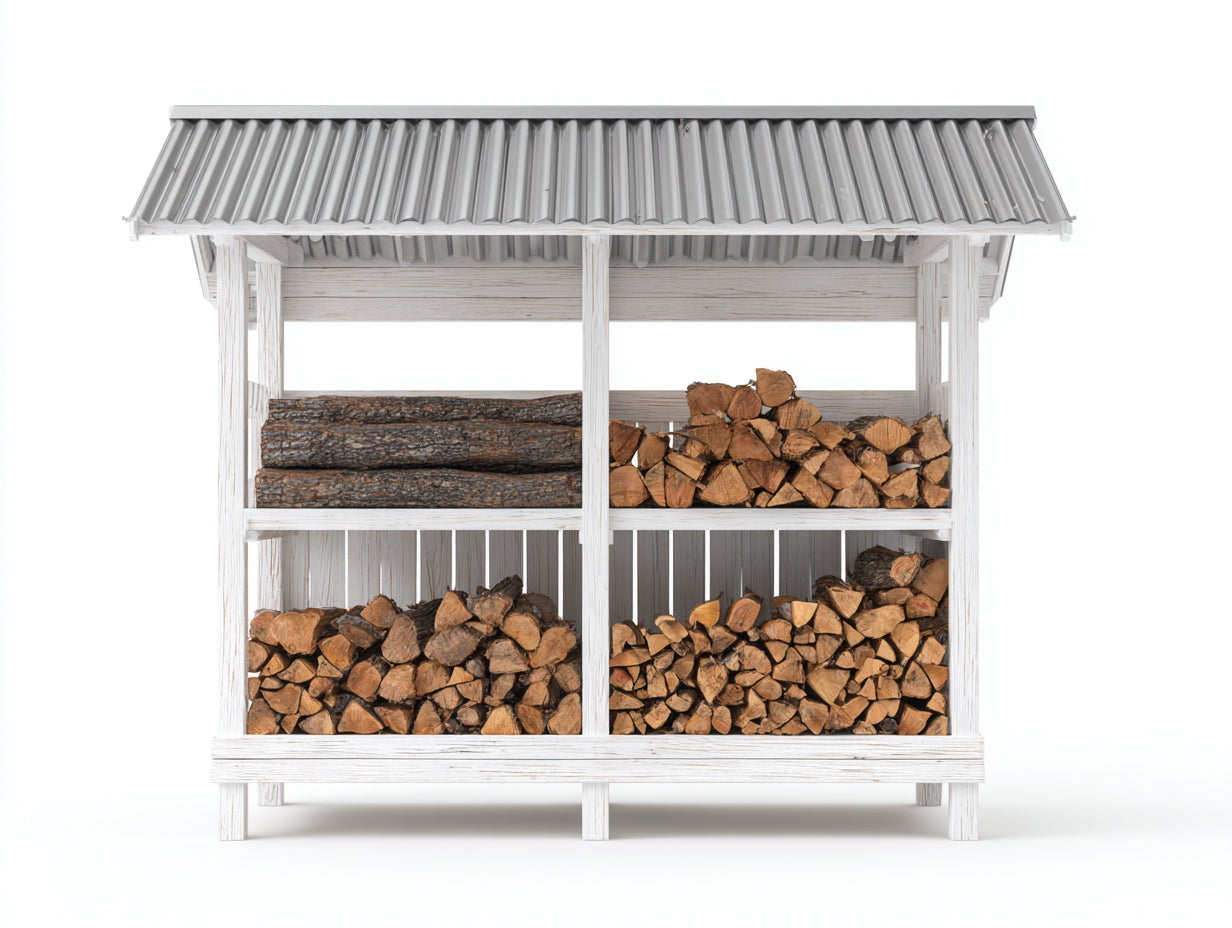 Kaminholzregal - Holz-Metall - 206x68x174 cm - Weiß-Grau - Rustikaler Stil