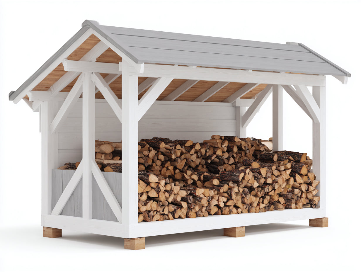 Kaminholzregal Massivholz 220x90x185 cm - Weiß-Grau-Naturholz - Großes Überdachtes Outdoor Design