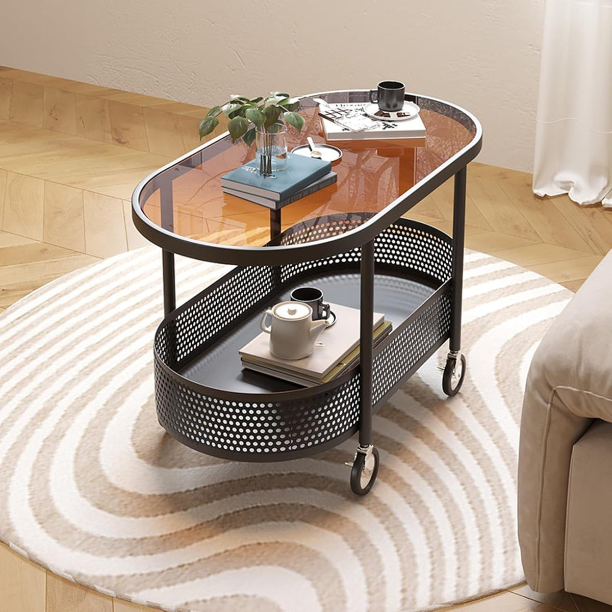 Beistelltisch mit Rollen - Zweistufig mit Tischplatte aus Sicherheitsglas - Schwarz mit feststellbaren Rollen - 60 cm breit für Wohn und Schlafzimmer