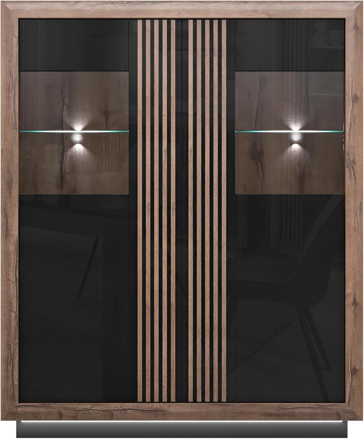 Forte Savona Vitrine - 2 Türen in Schwarz Edeleiche und Hochglanz - Glas Holzwerkstoff Kunststoff und Metall - 133 x 161,8 x 42,3 cm für Hausbar