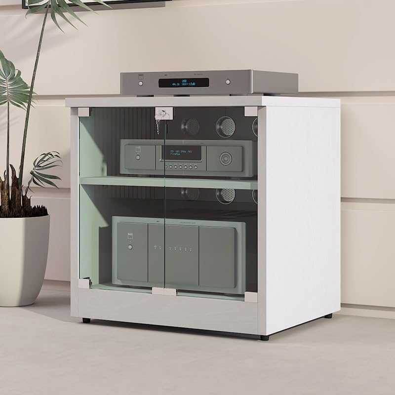 HiFi Schrank mit Glastür - Metall Rack mit 2 verstellbaren Regalböden - Abschließbare Tür und Wärmeableitung - Weißes Phonomöbel für Audio Komponenten